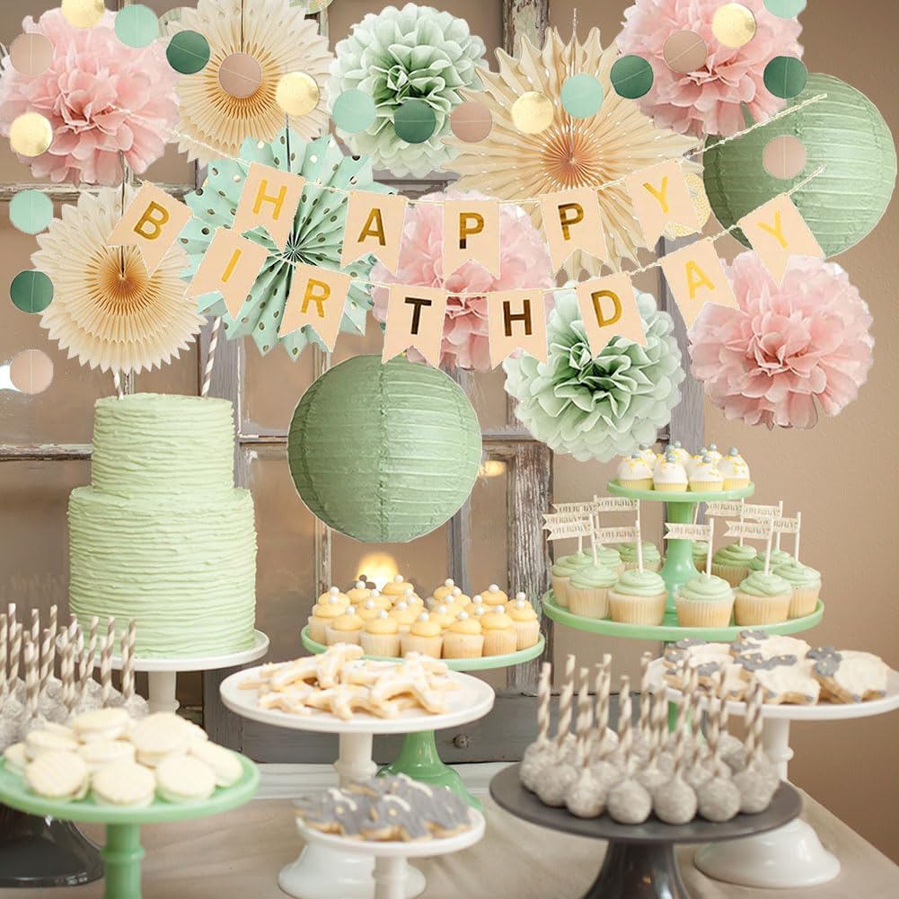Sage Green and Pink Birthday Decorations Kit