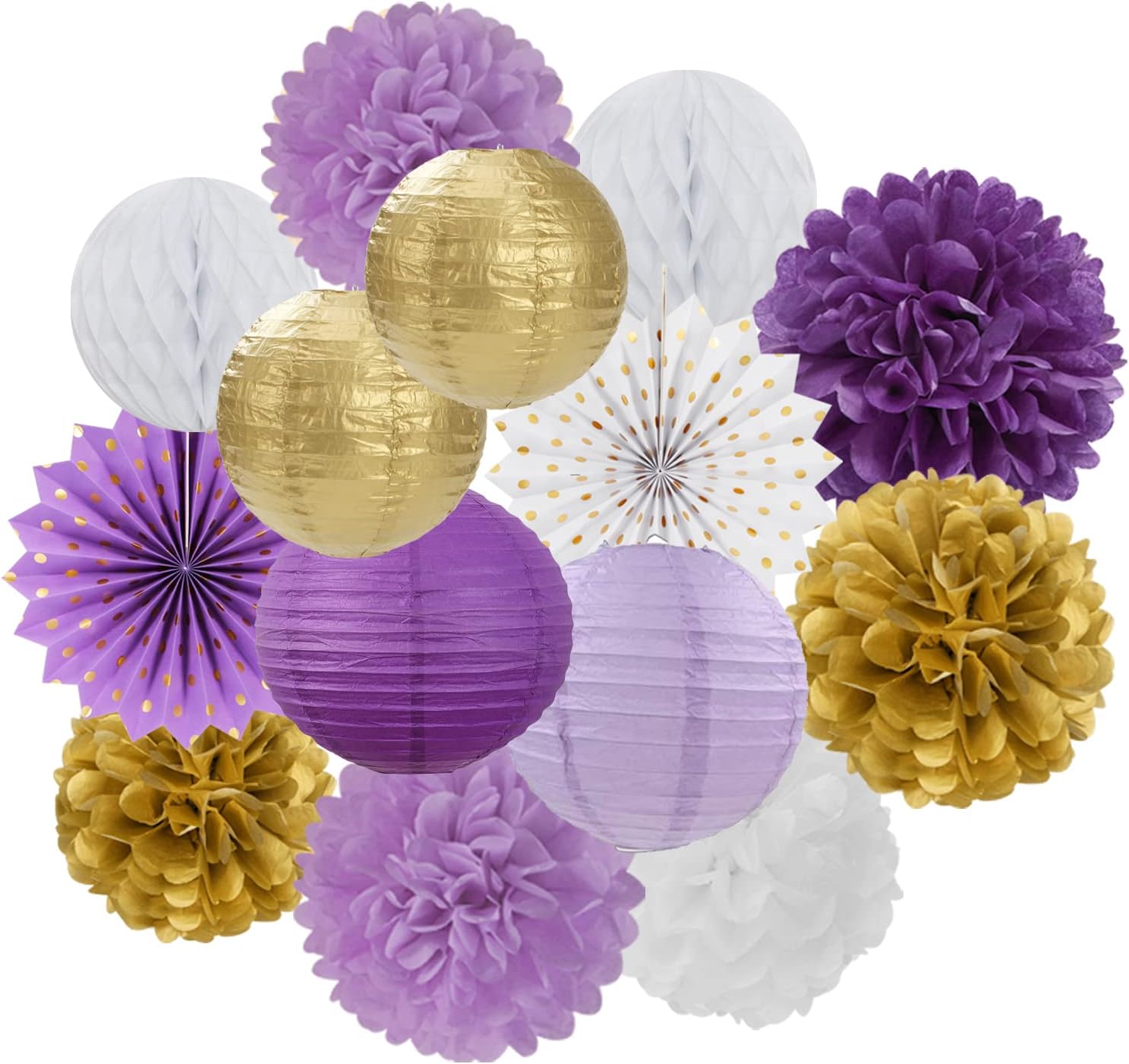 Purple Gold Party Decorations Streamers Lanterns - 14pcs