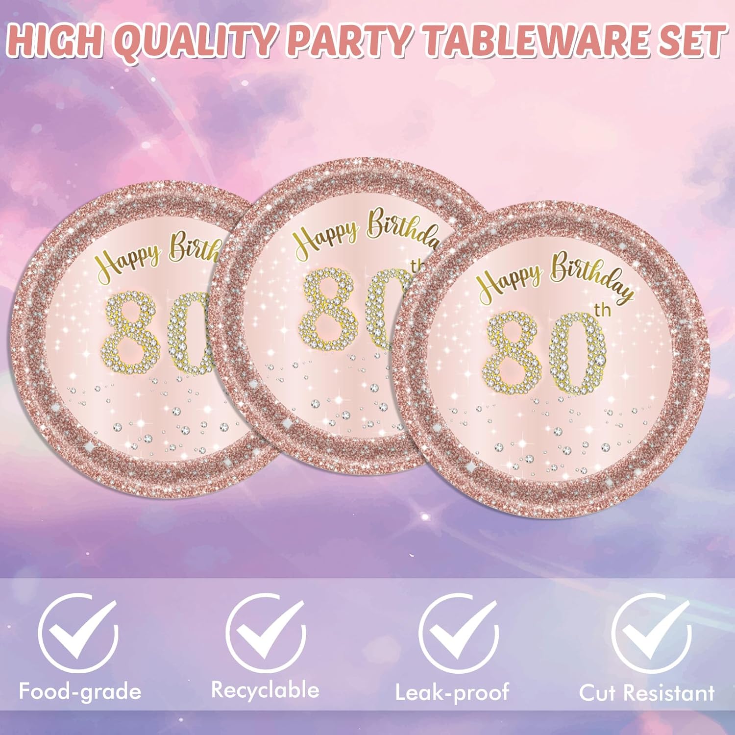KHAIVI 40PCS Rose Gold 80th Birthday Tableware Set