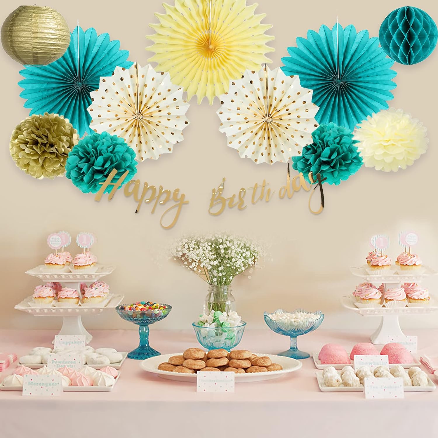 SUNBEAUTY Teal Gold Birthday Decor Set