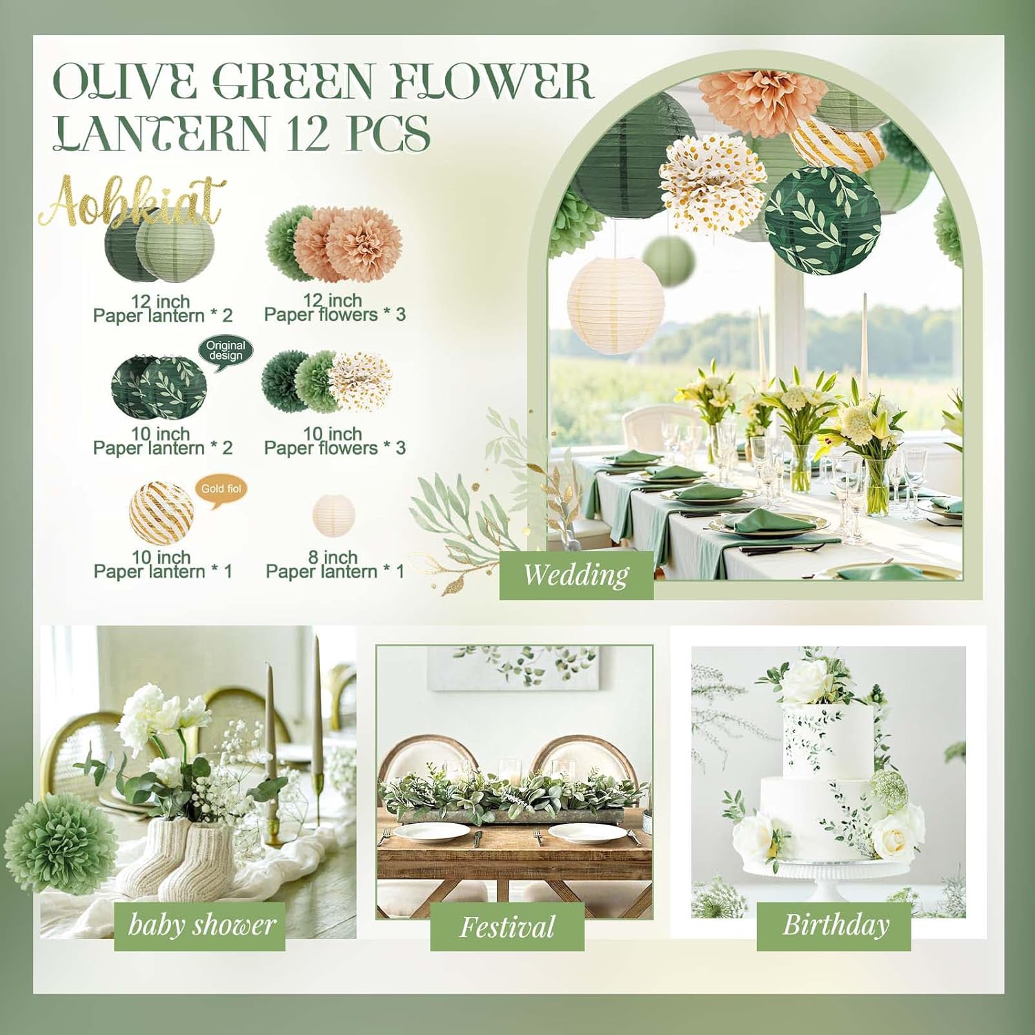 AOBKIAT 12PCS Olive Green Sage Paper Lanterns Set