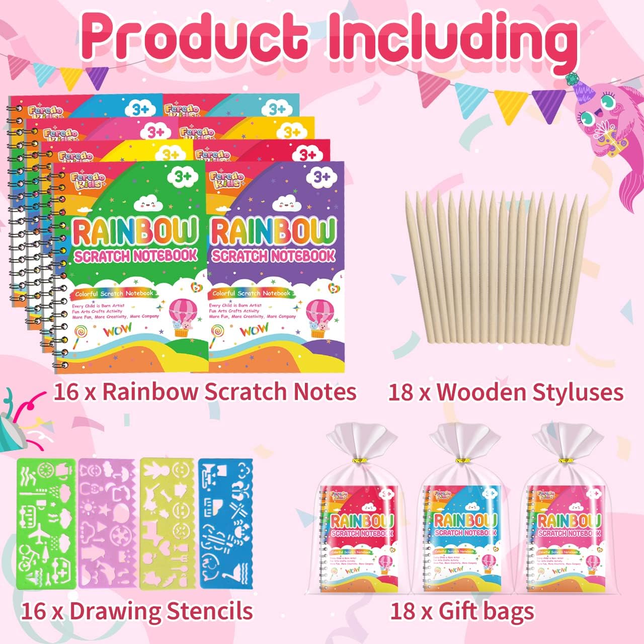 FEREDO KIDS 16 Pack Rainbow Scratch Art Notebook Party Favors Gifts