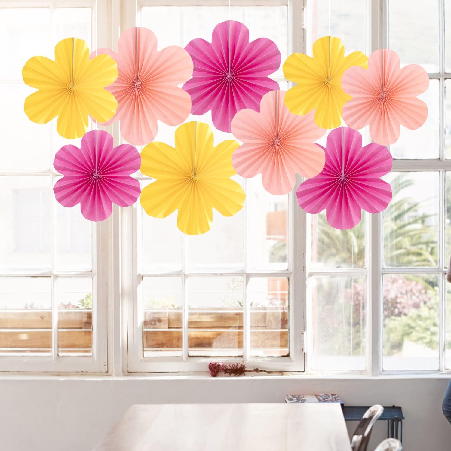 Pink Yellow Hanging Paper Flower Fans Decor Set