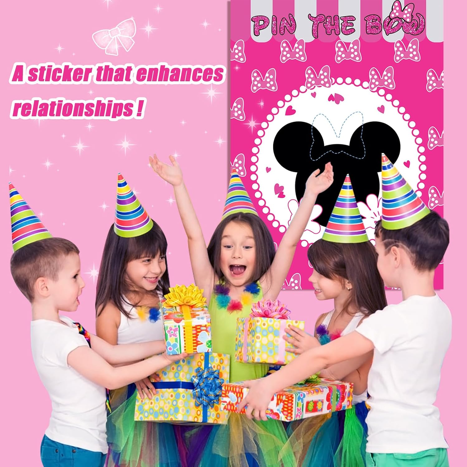 Pink Mouse Birthday Party Game Set with 24 Reusable Stickers