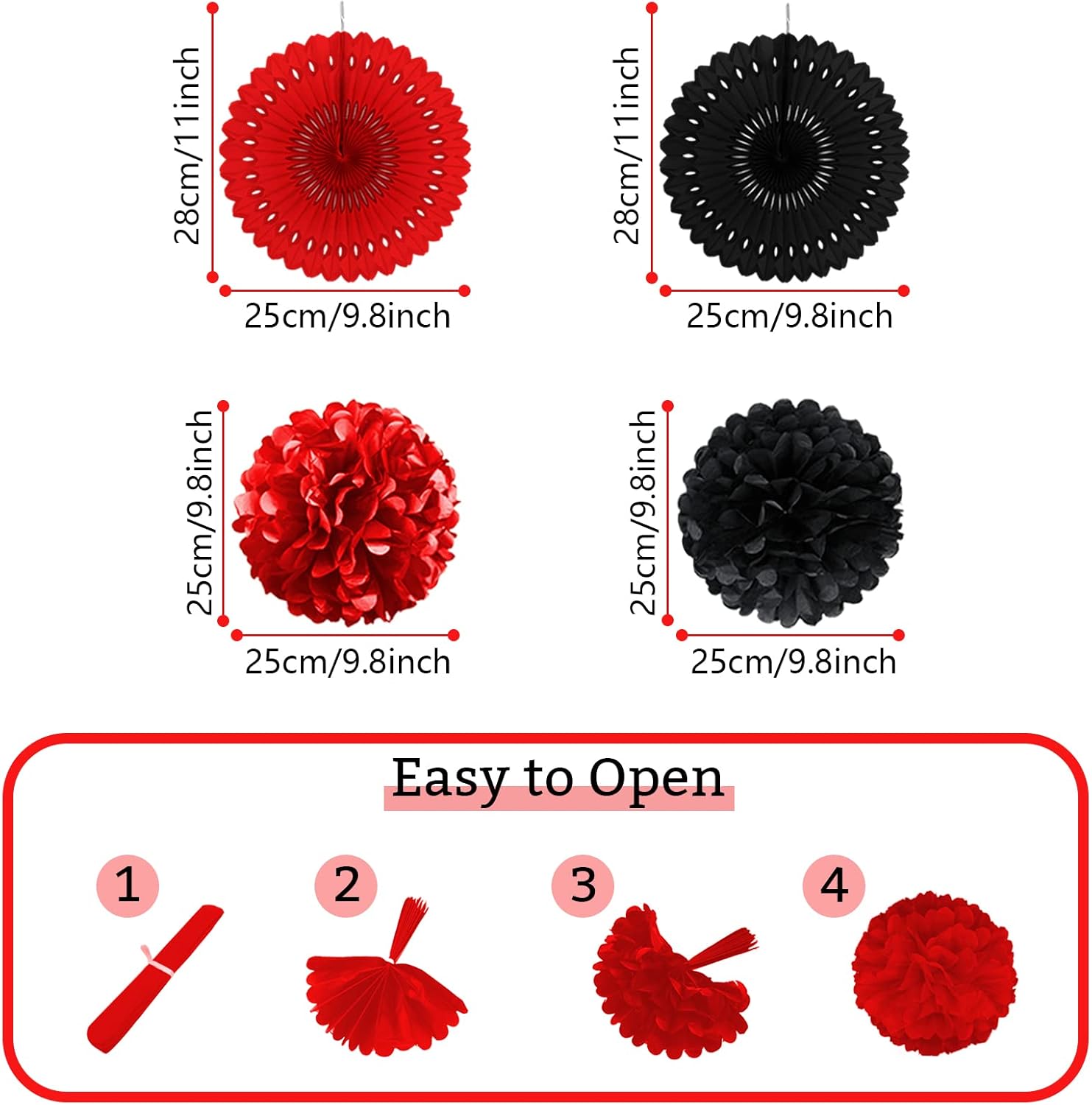 Red and Black Party Decorations Set with Fans and Pompoms