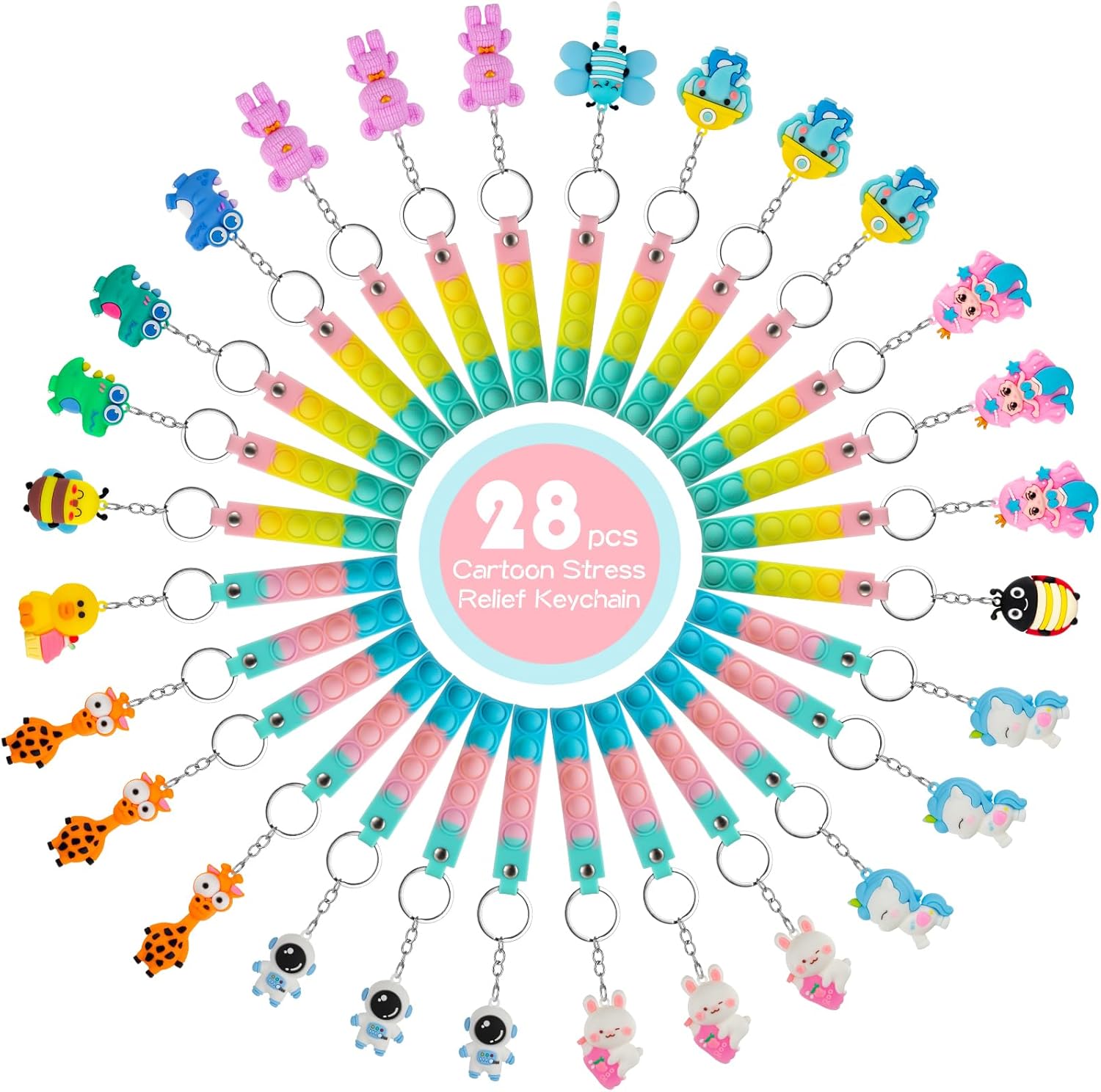 28 Pack Pop Fidget Toys with 3D Animal Keychains for Kids