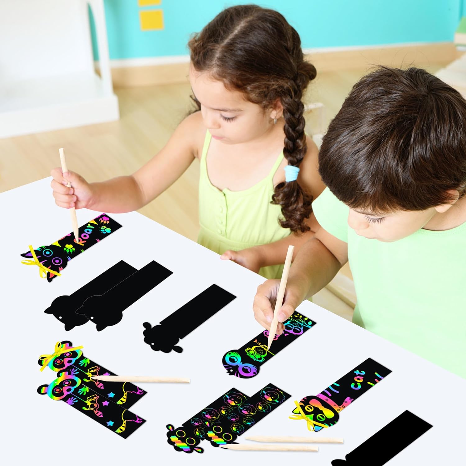 Mallmall6 70Pcs Animal Scratch Bookmarks Craft Kit for Kids