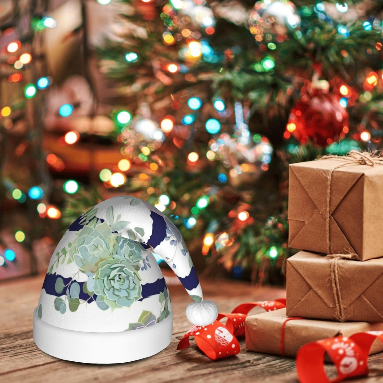 QINZHENG Personalized Striped Succulents Santa Hat