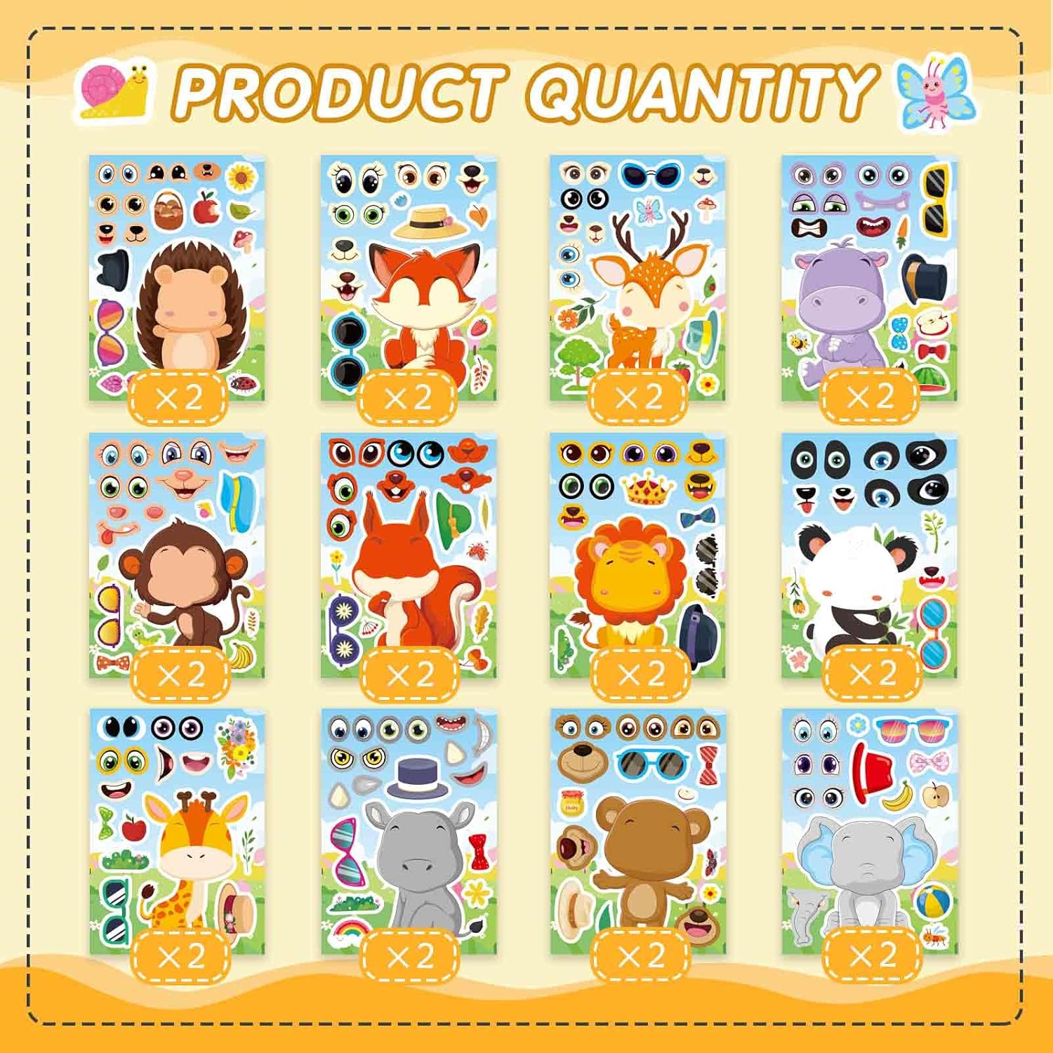 24 Sheet Face Stickers with 12 Animal Designs for Kids