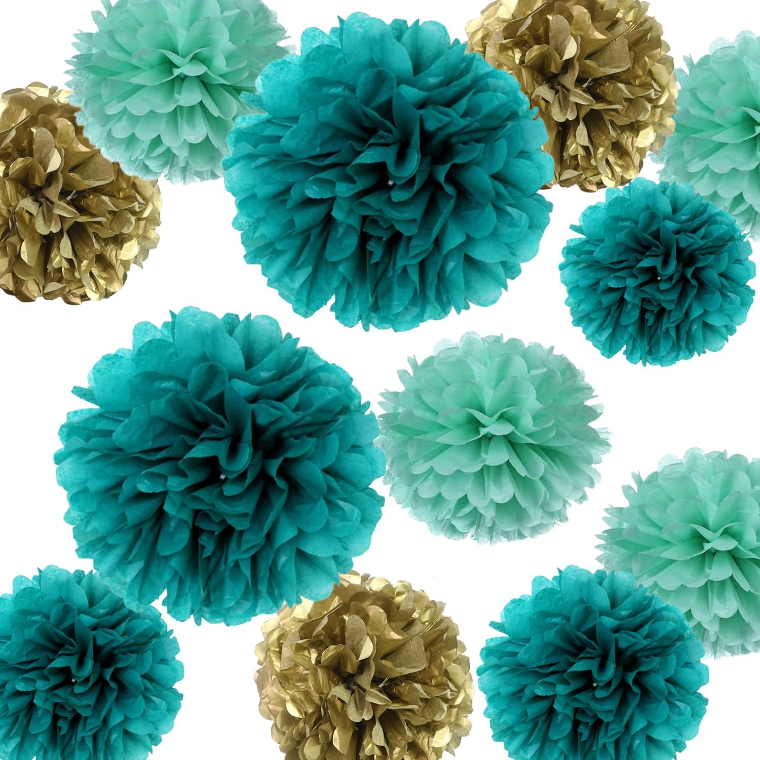 12PCS Teal Turquoise Aqua Gold Party Decor Pom Poms