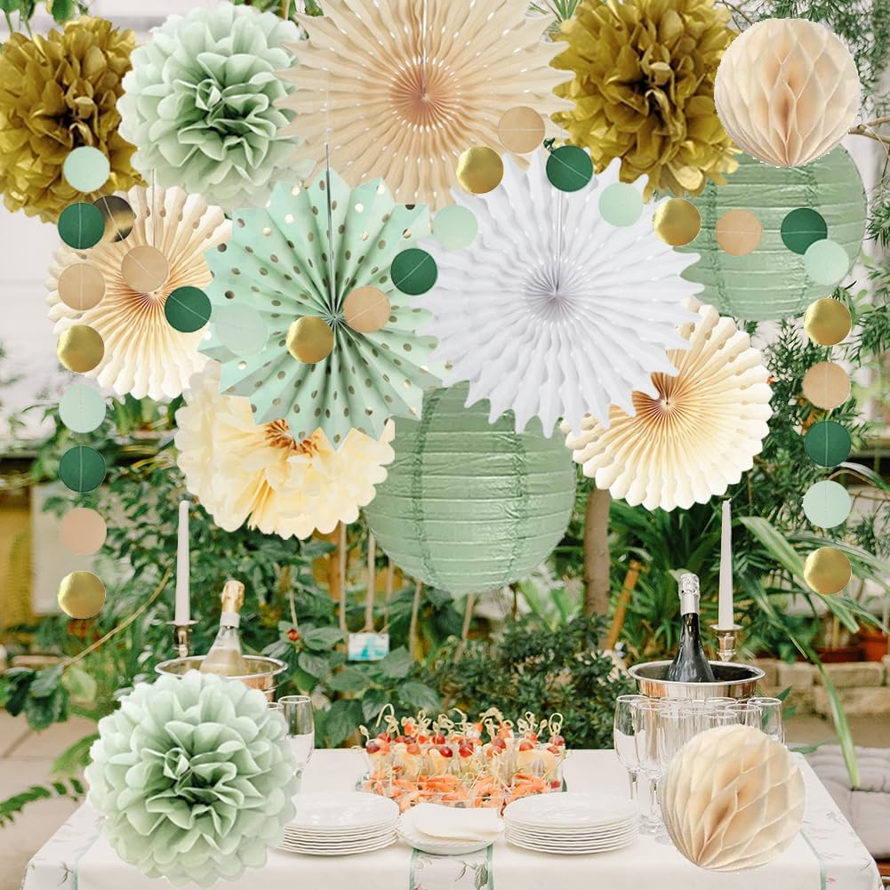 Sage Green Party Decorations with Gold and Beige