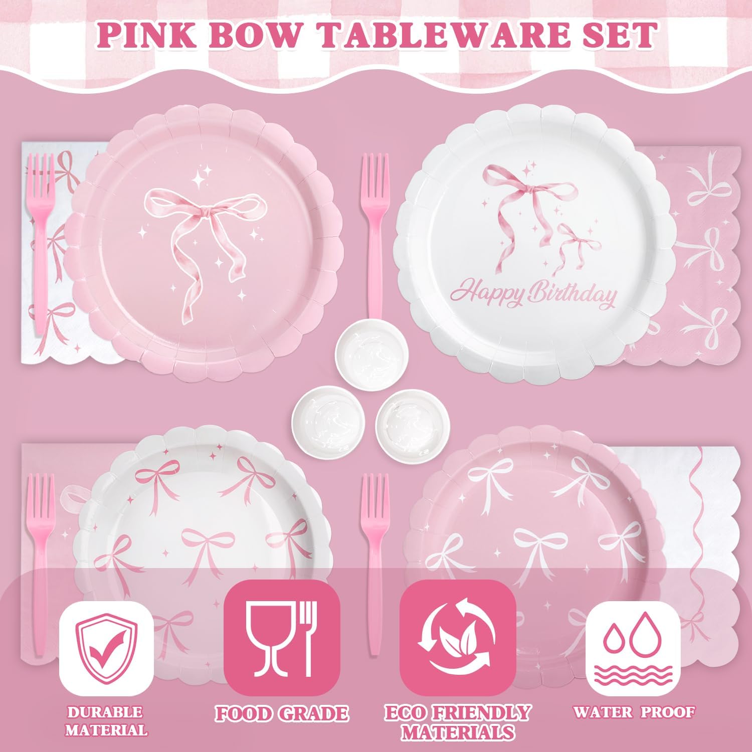 300 Pcs Pink Bow Tableware Set for Birthday Parties
