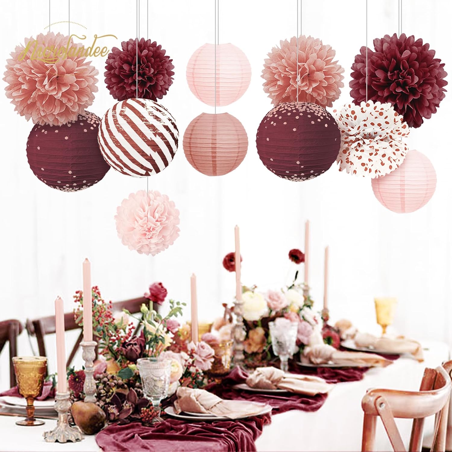 NICROLANDEE Burgundy Party Decor 12PCS Tissue Pom Poms and Lanterns