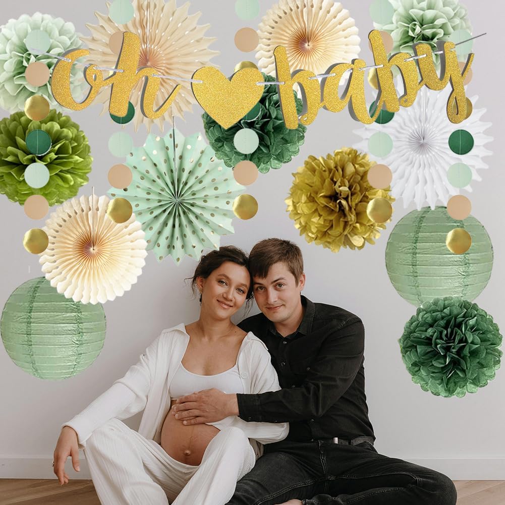 Sage Green Baby Shower Decorations with Gold and Olive Accents