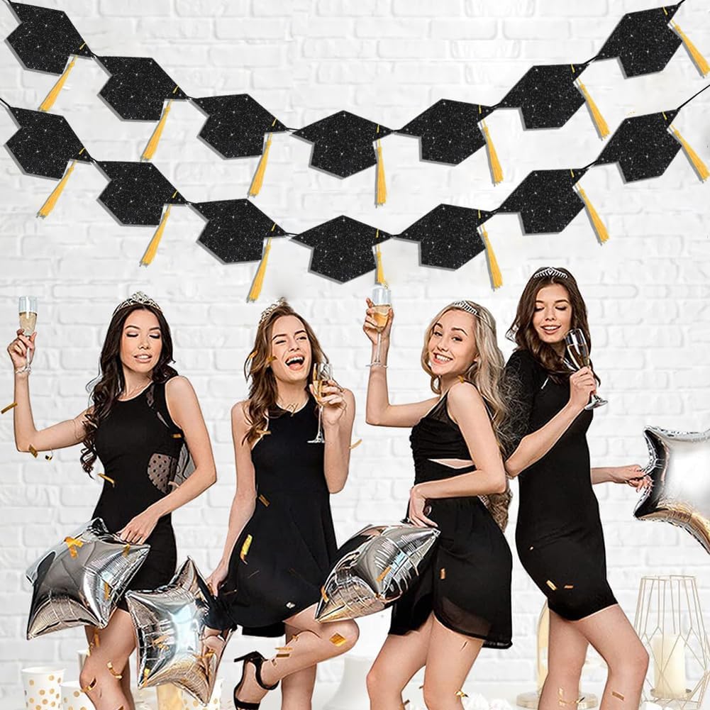 2025 Graduation Decor Banners with Black Glitter Hats and Tassels