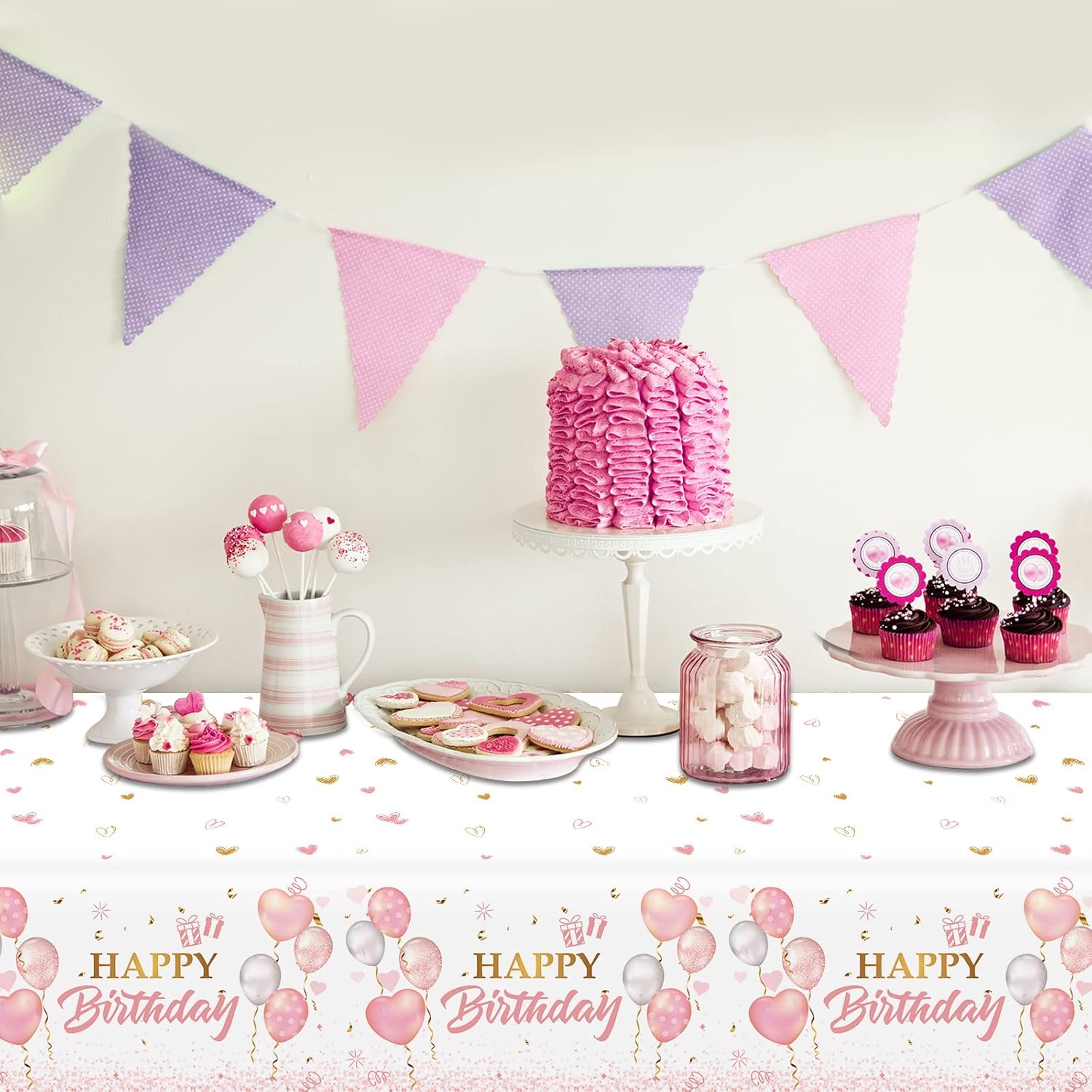 3 Pieces Pink Rose Gold Tablecloth for Birthday Parties