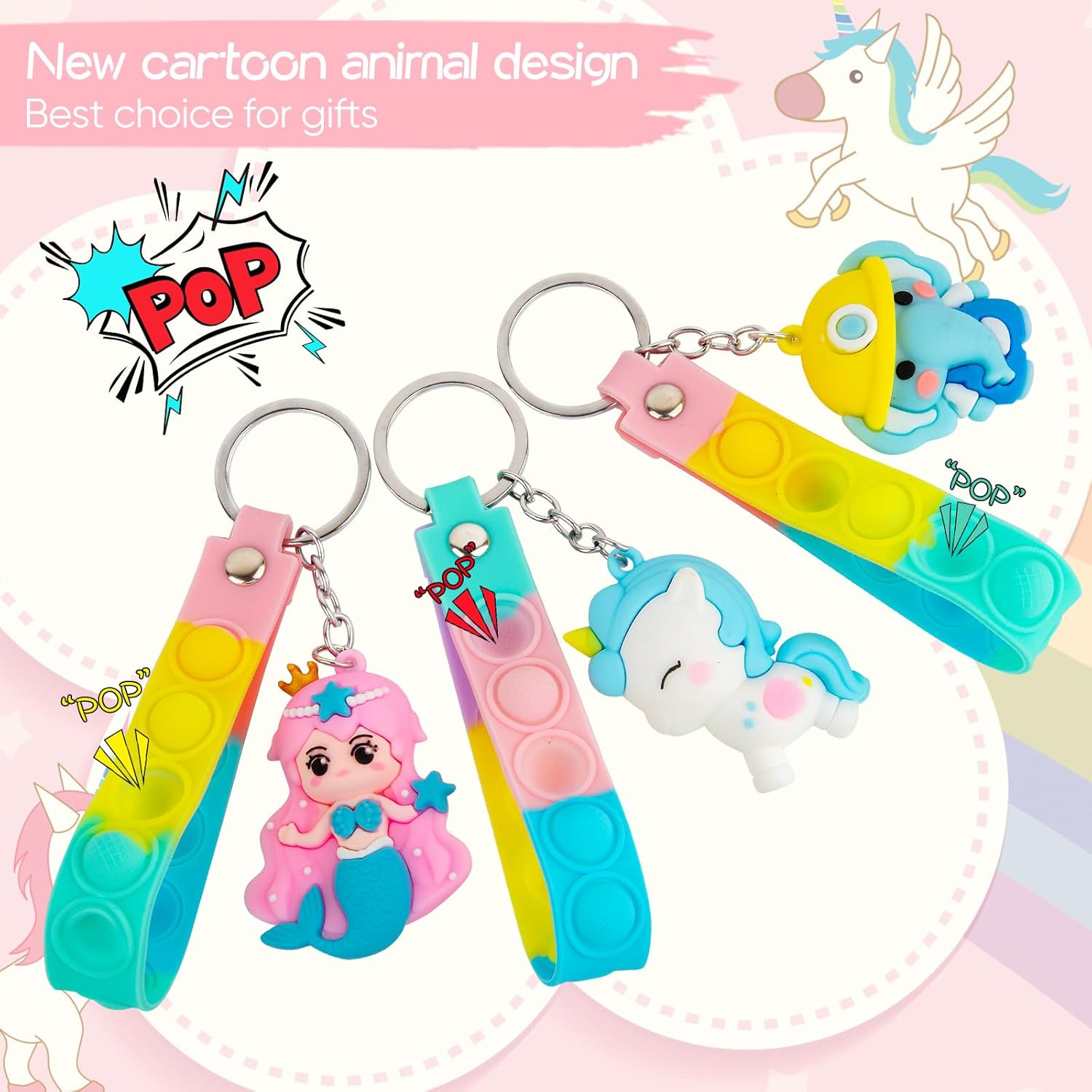 28 Pack Pop Fidget Toys with 3D Animal Keychains for Kids