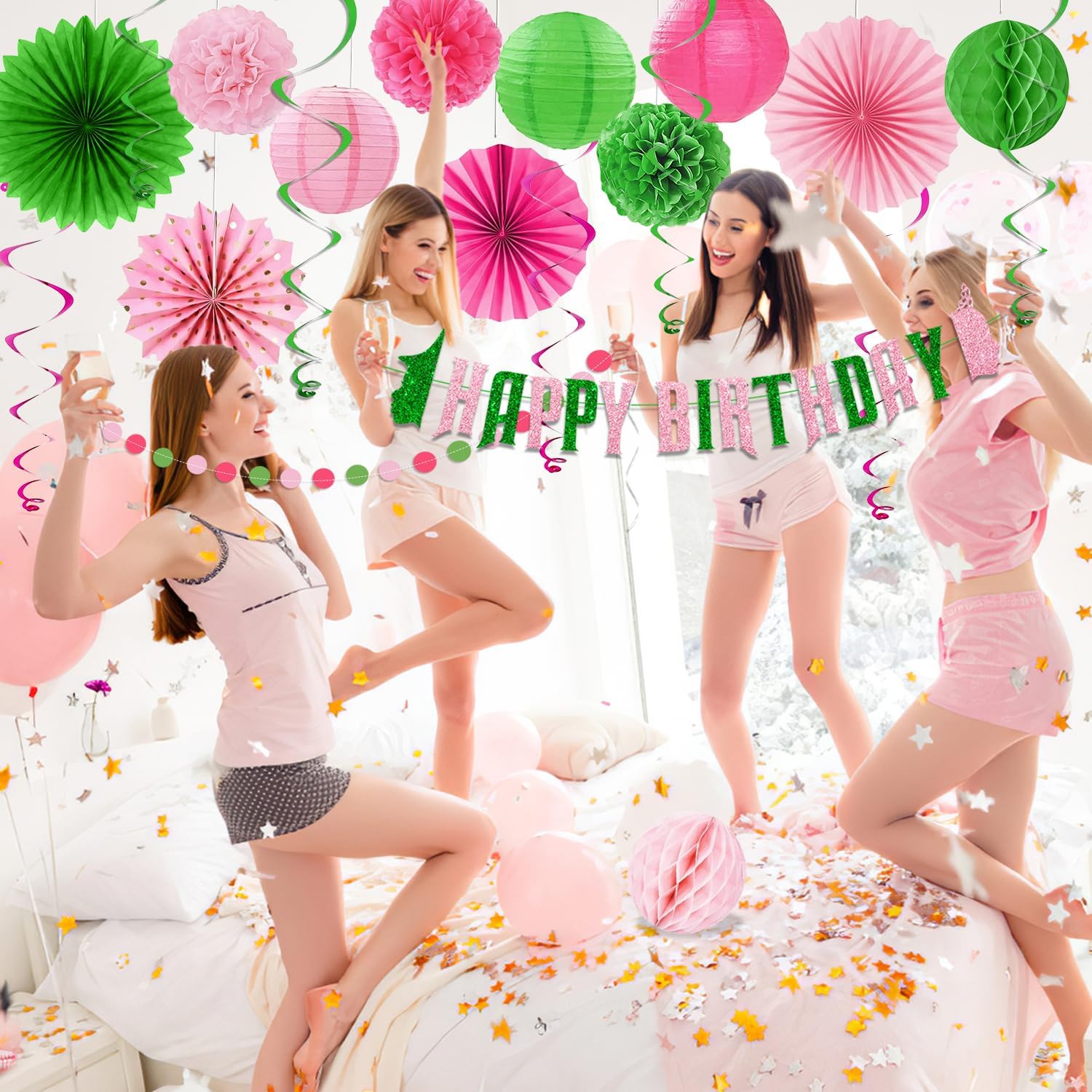 Pink Green Birthday Decorations Set Banner Pom Poms Fans Lanterns
