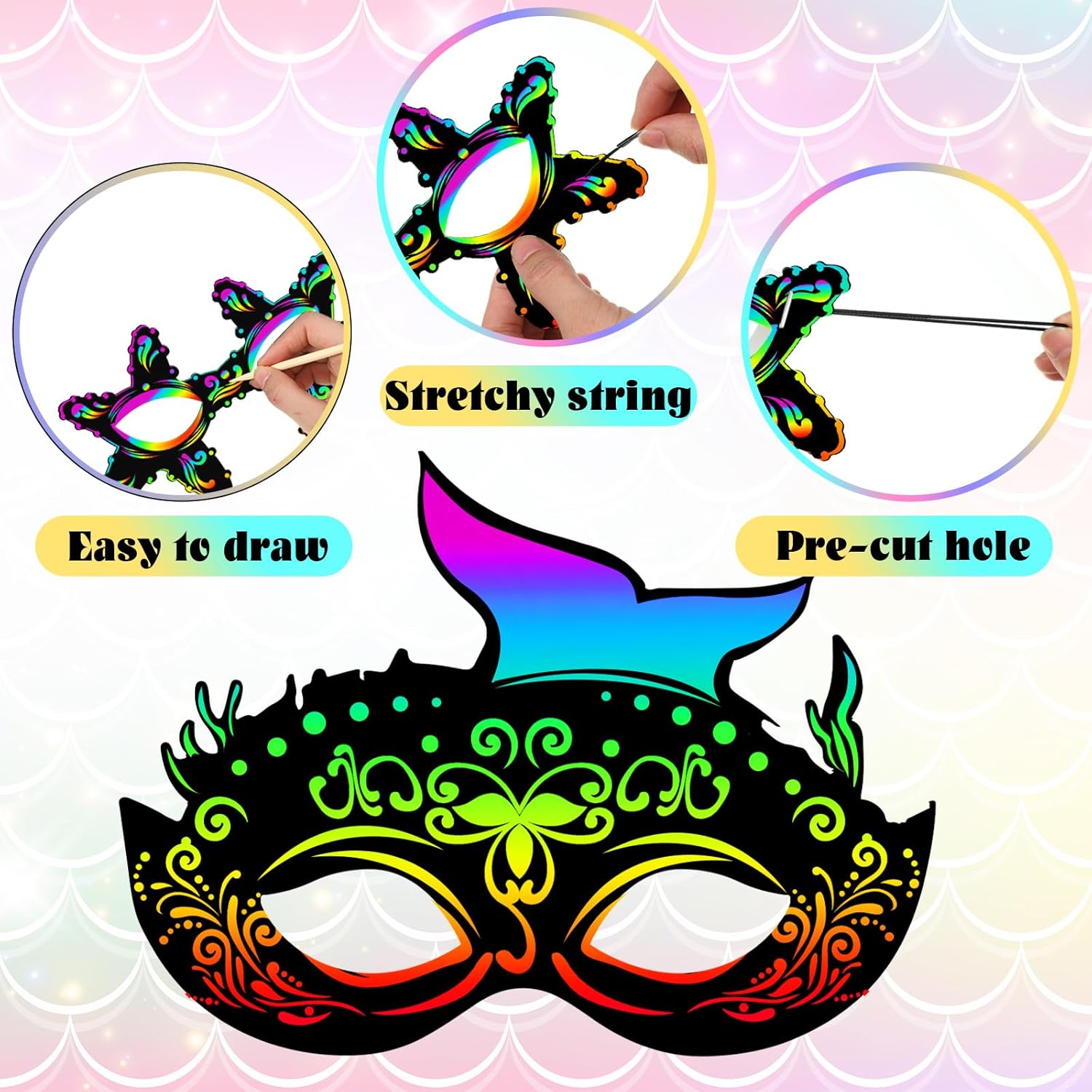 Realspring 60 Pcs Themed Scratch Paper Mask DIY Craft Kit