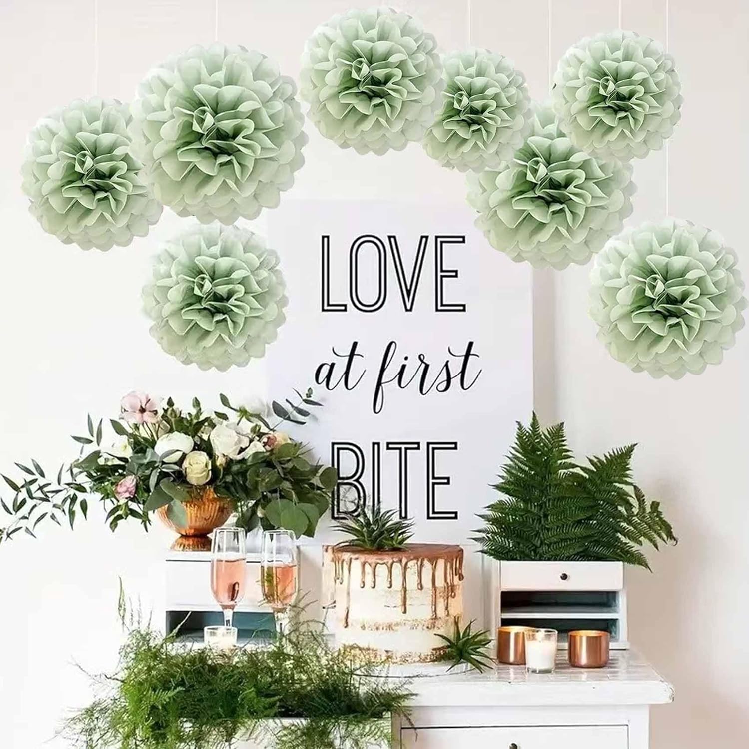 Dusty Sage Green Tissue Paper Pom Poms 12Pcs