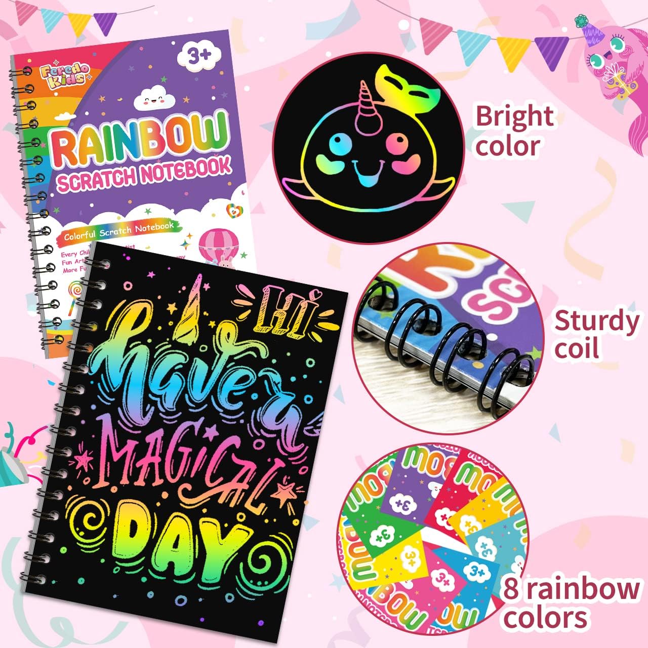 FEREDO KIDS 16 Pack Rainbow Scratch Art Notebook Party Favors Gifts
