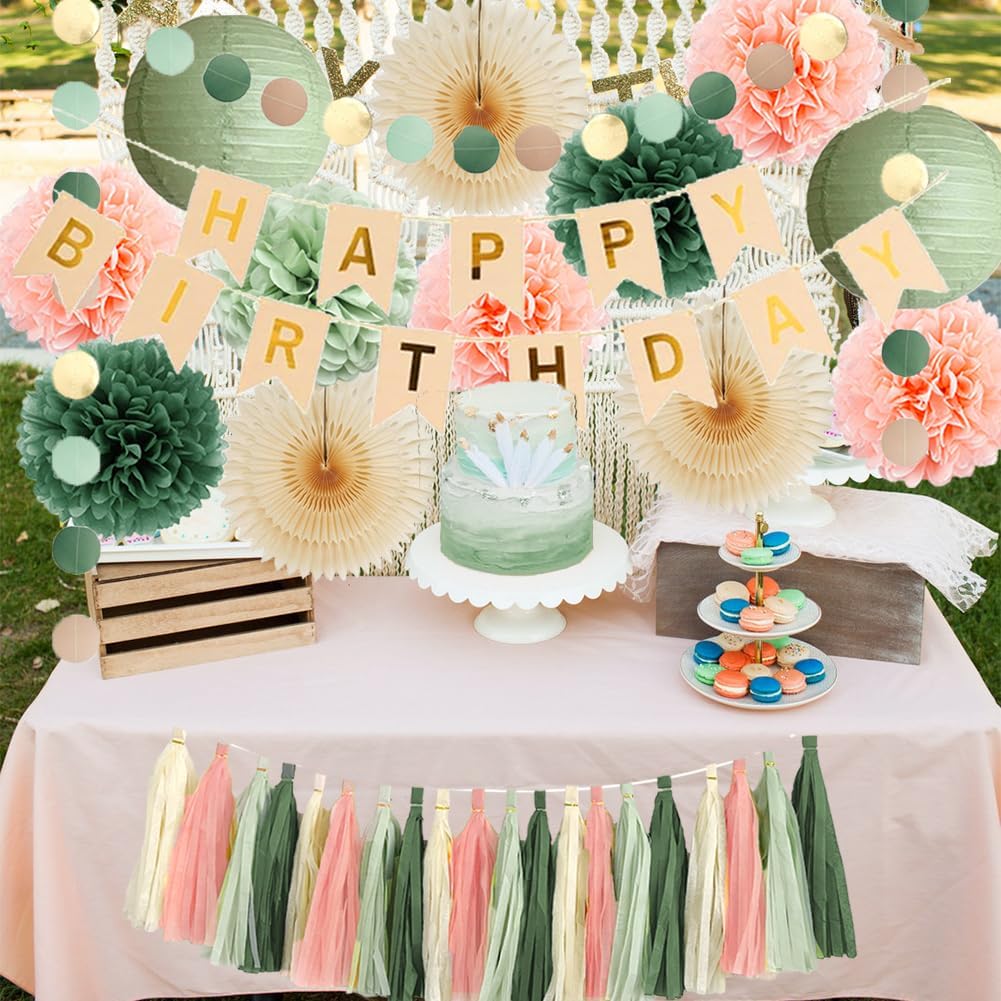 Sage Green Peach Birthday Decorations Set