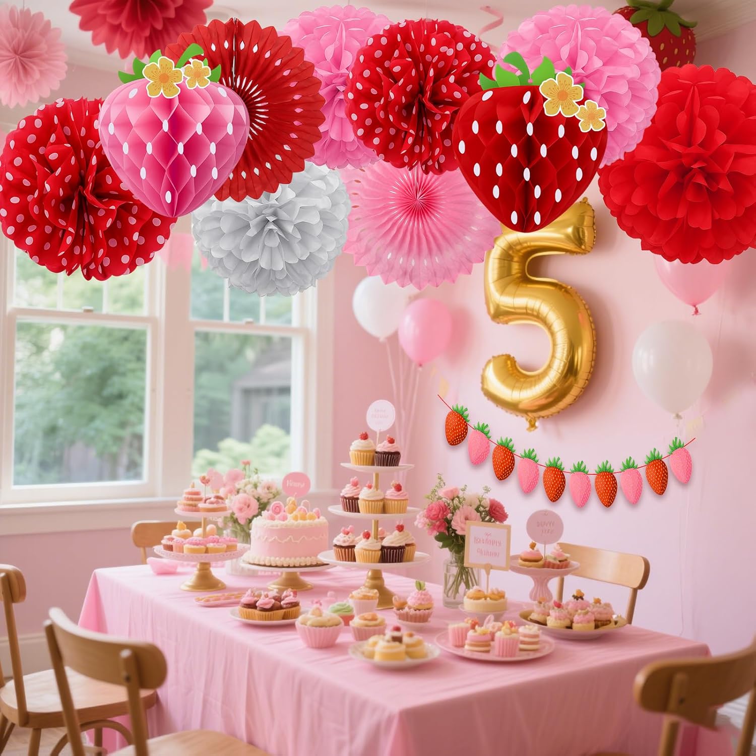 15 Pcs Strawberry Paper Fan Tissue Pom Poms Party Decorations