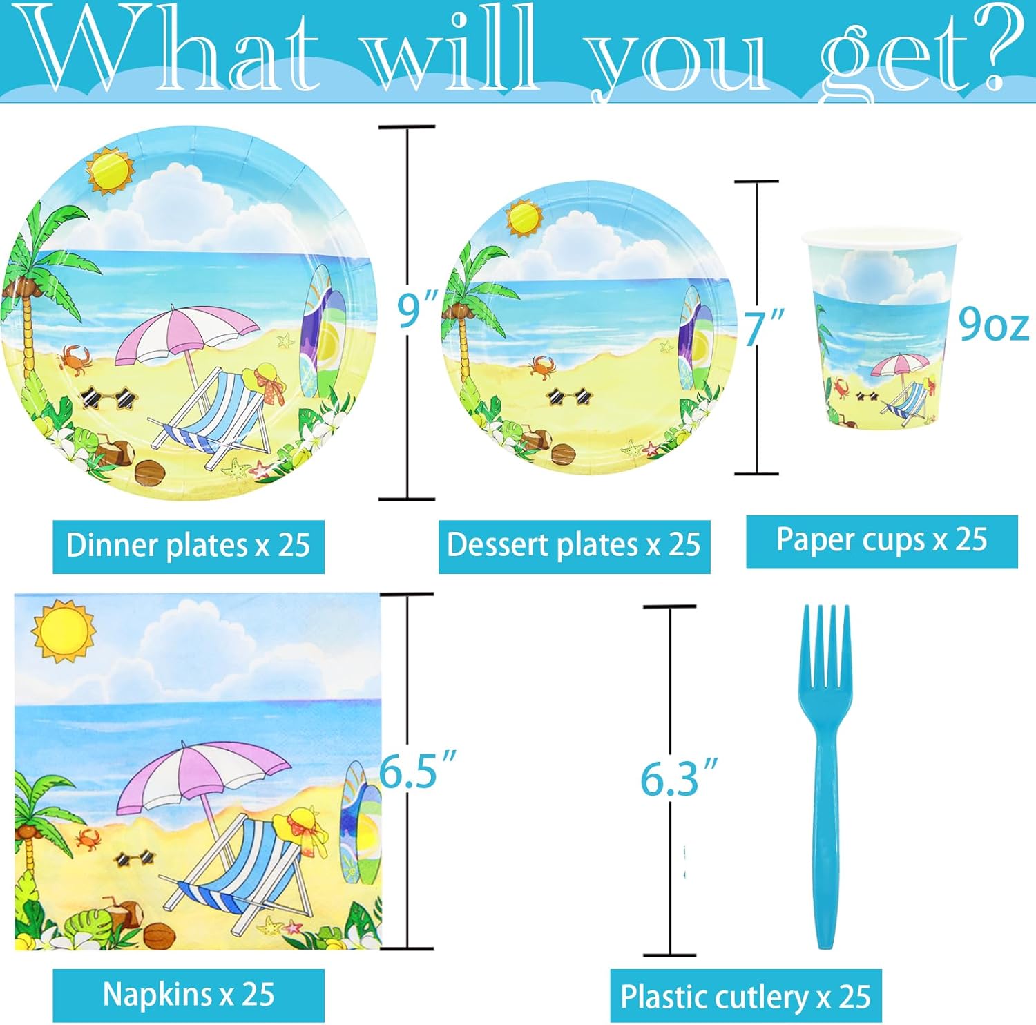 Beach Themed Party Plates and Napkins Set for 25 Guests