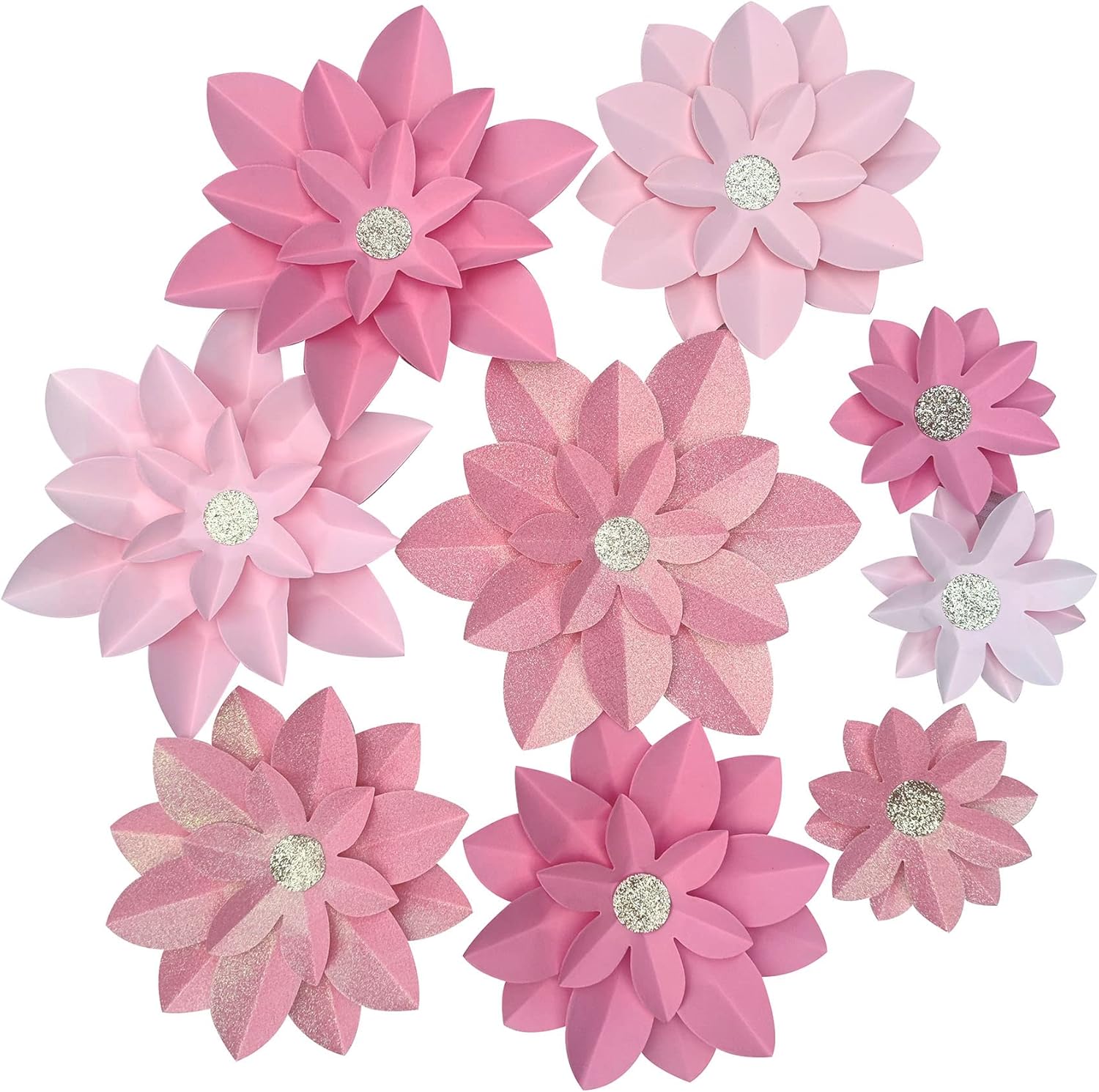 Pink Glitter Paper Flower Decor Pack of 9