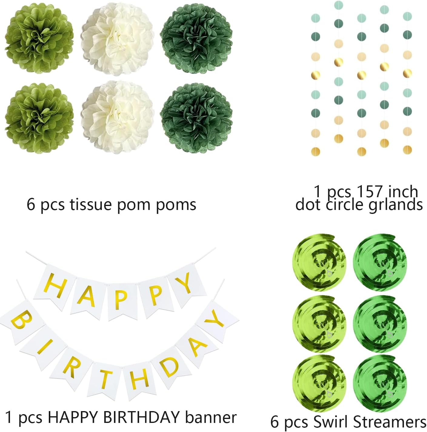 Sage Green Birthday Decor Set with Pom Poms and Banner