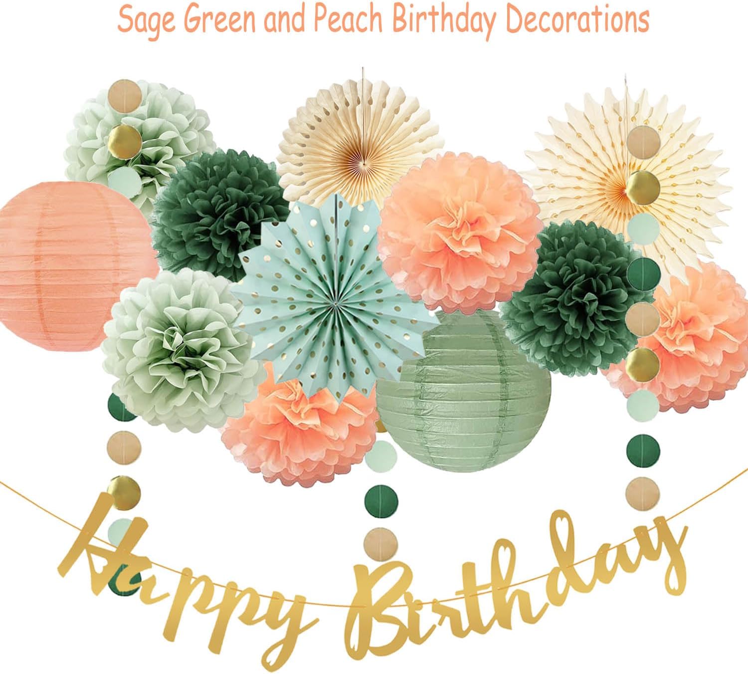 Sage Green and Peach Birthday Decorations Set
