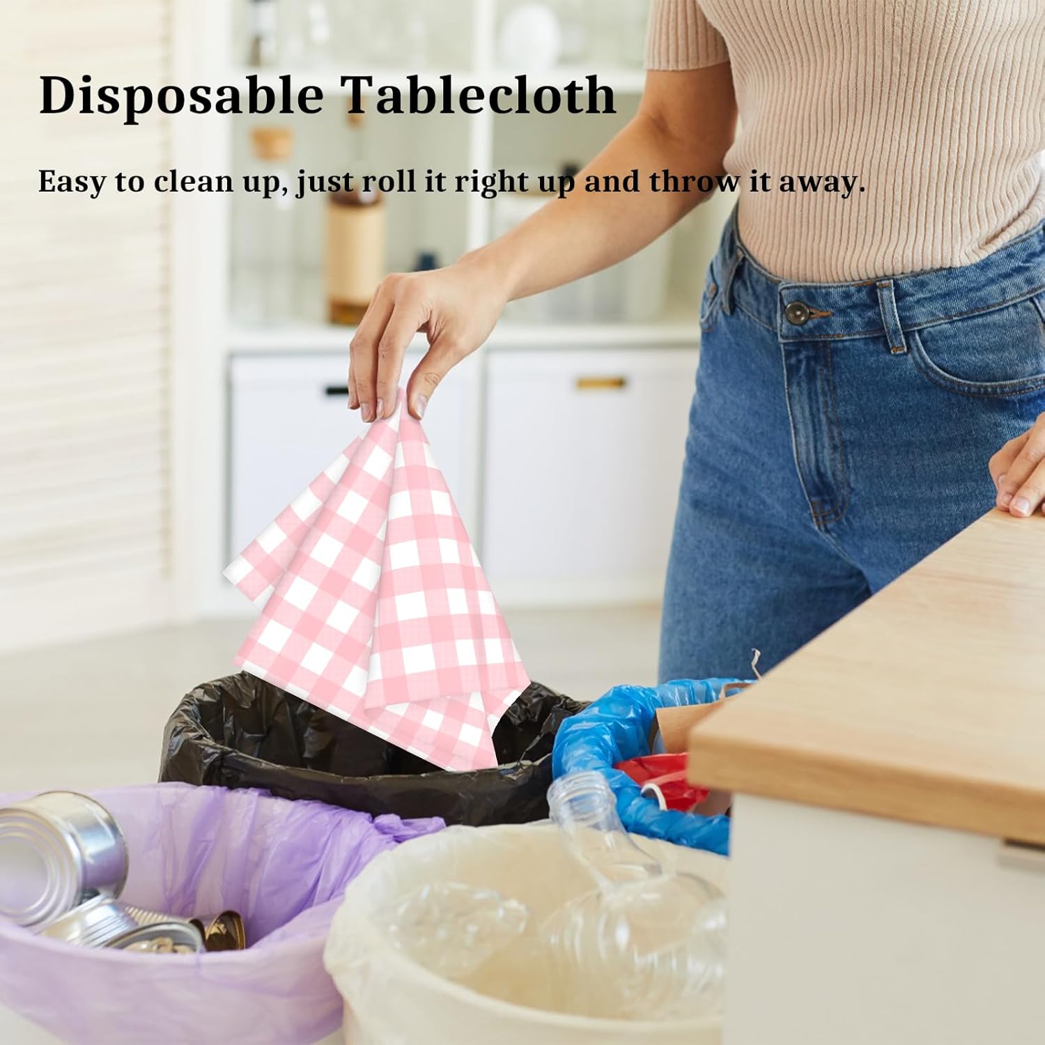 12 Pcs Pink Gingham Tablecloth Set Waterproof Disposable for Parties
