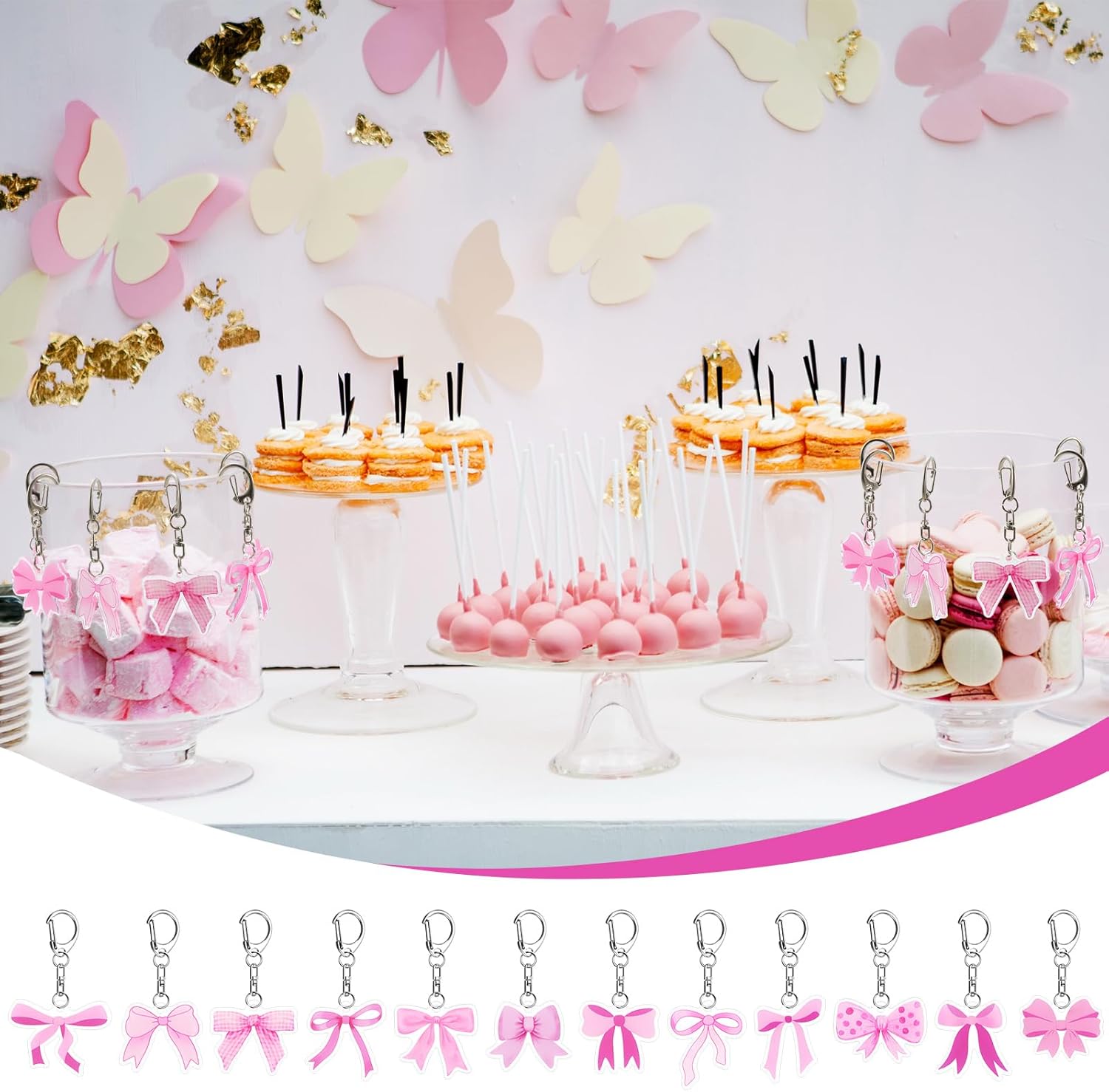 24 Pcs Pink Bow Keychain Party Favors Set