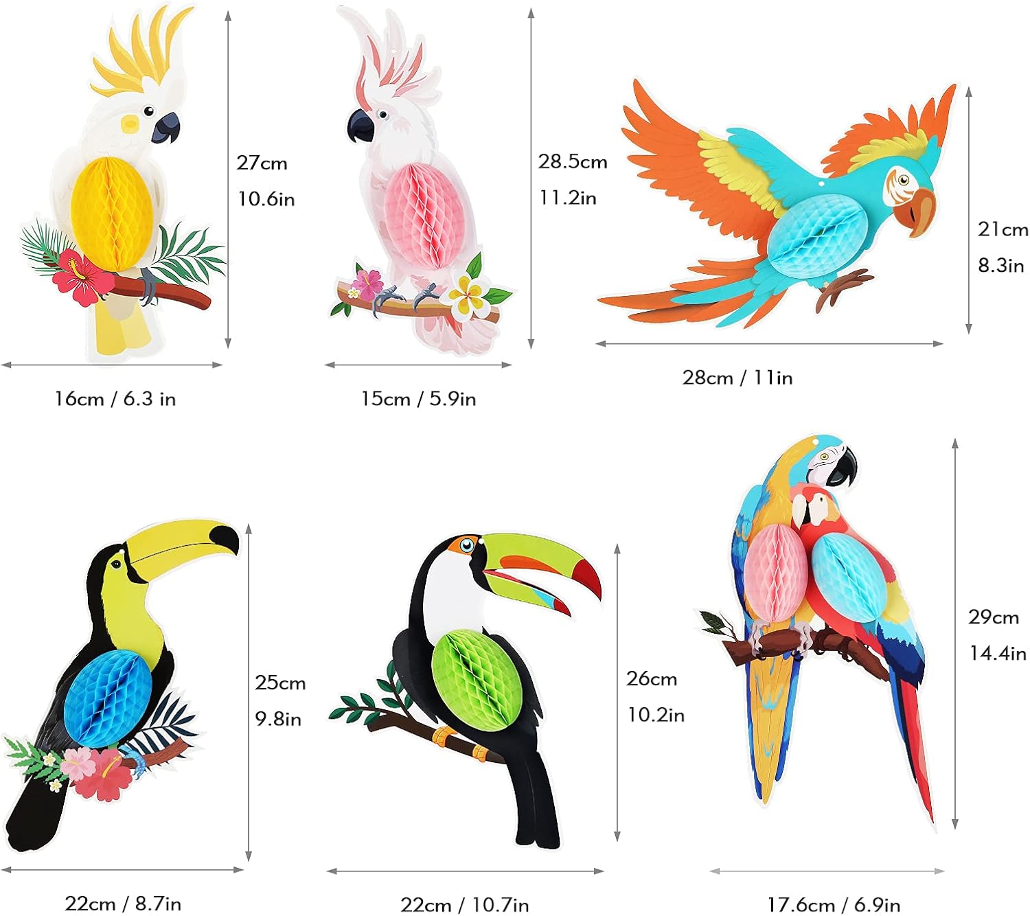 6 Pieces 10 Inch Tropical Parrot Birds Paper Cutouts Decorations