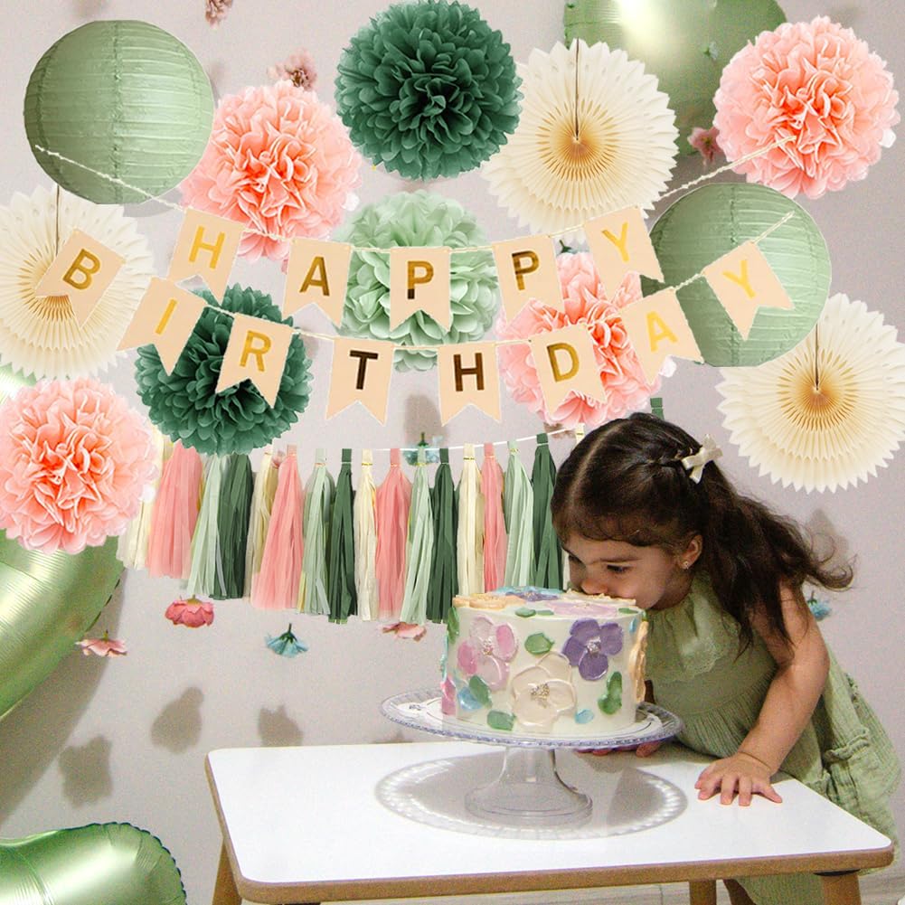 Sage Green Peach Birthday Decorations Set