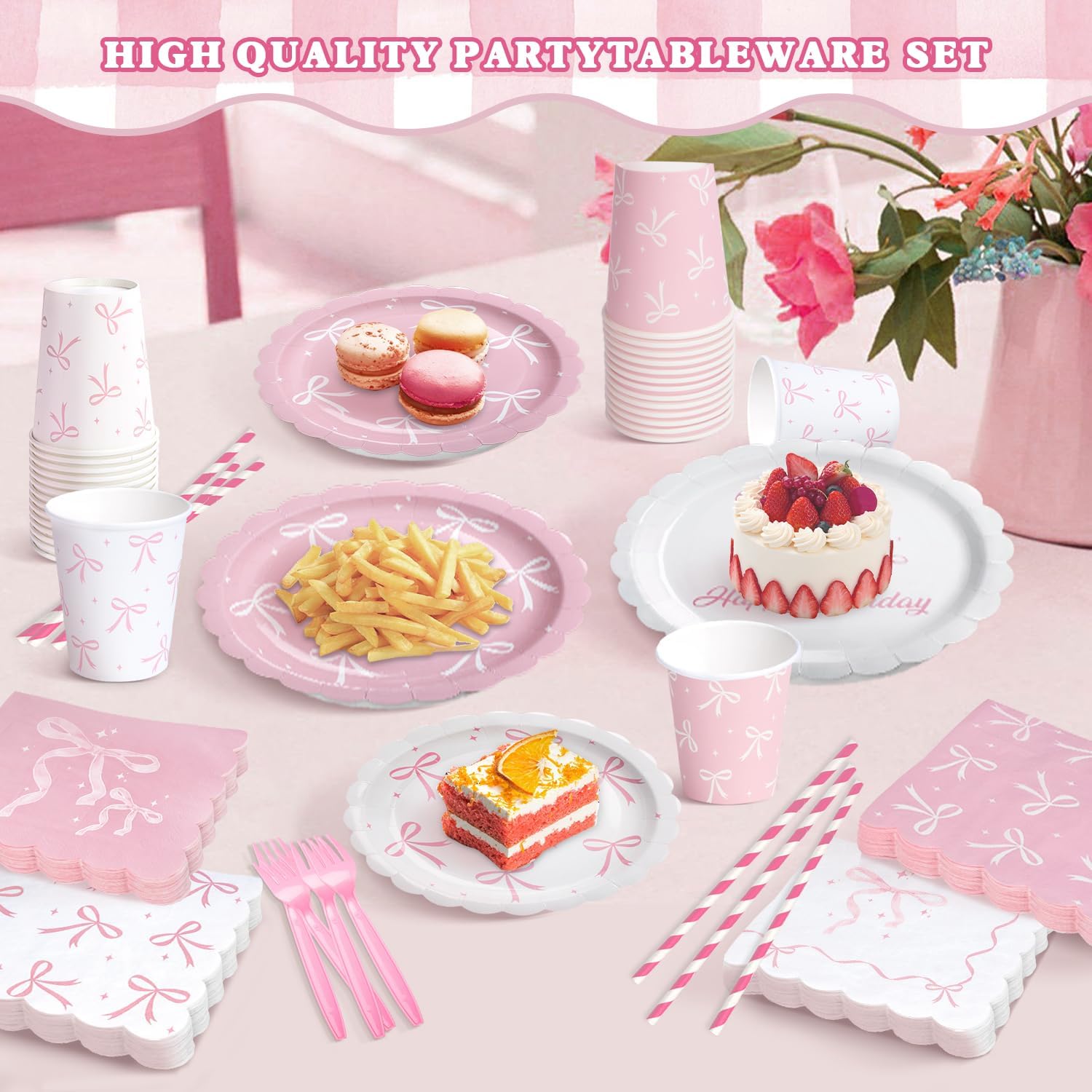 300 Pcs Pink Bow Tableware Set for Birthday Parties