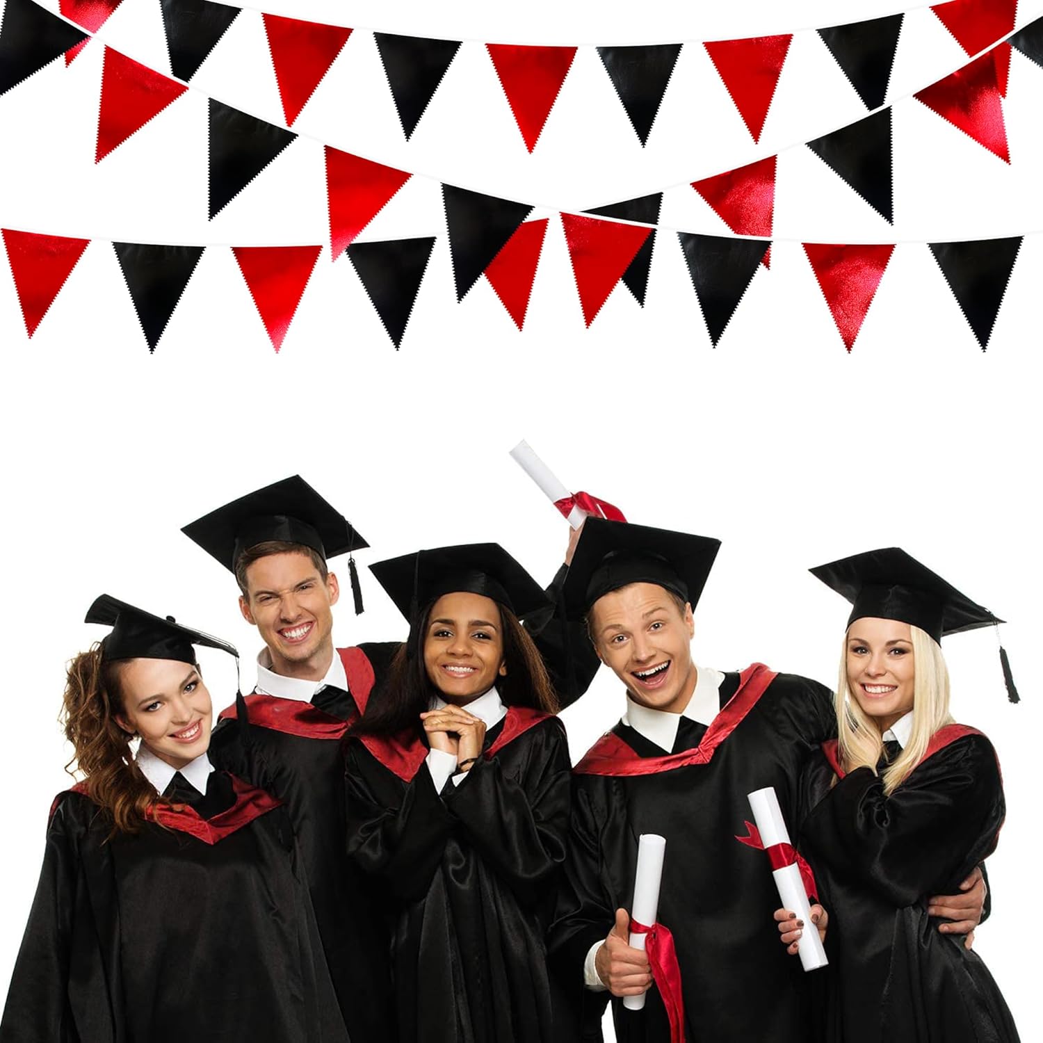 Red Black Metallic Fabric Triangle Pennant Banner Flag Bunting Garland