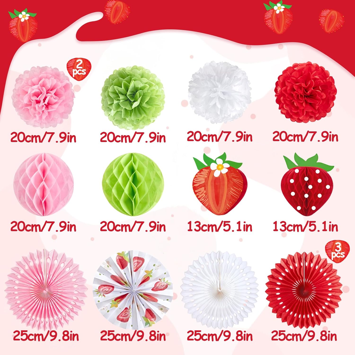 Strawberry Tissue Paper Fans Decor Set