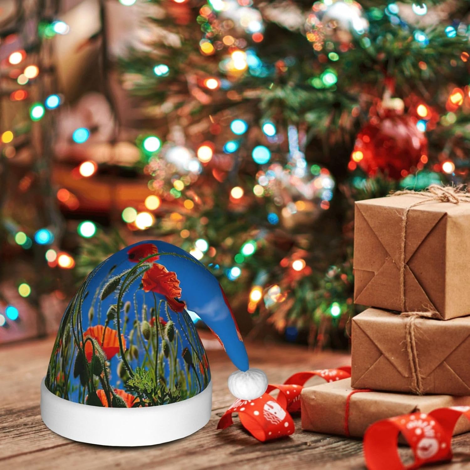 Poppies on Blue Sky Print Christmas Santa Hat Plush
