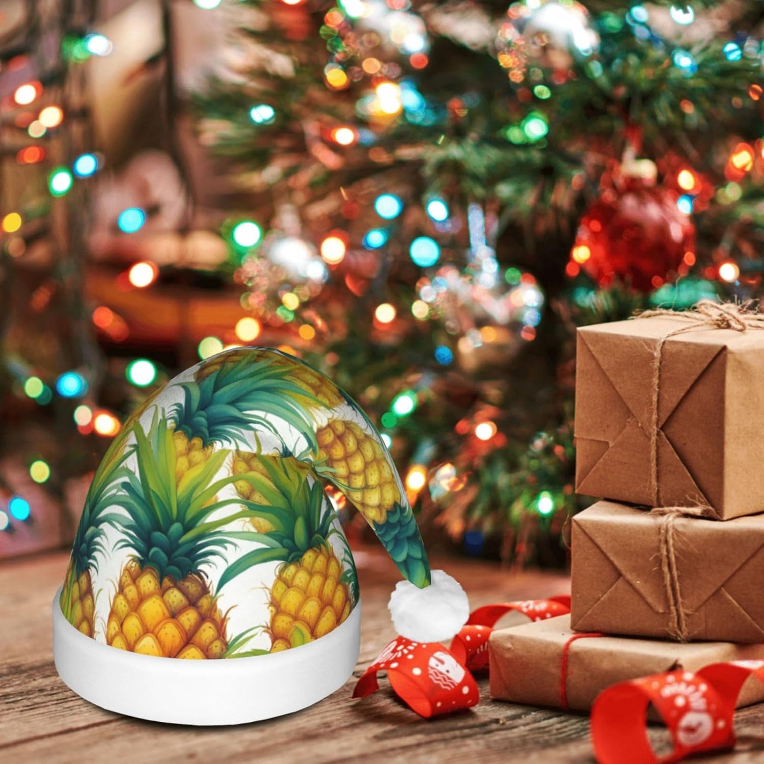 QinZheng Exotic Tropical Pineapples Print Santa Hat with LED Lights