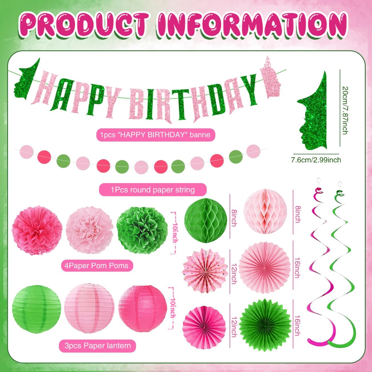 Pink Green Birthday Decorations Set Banner Pom Poms Fans Lanterns