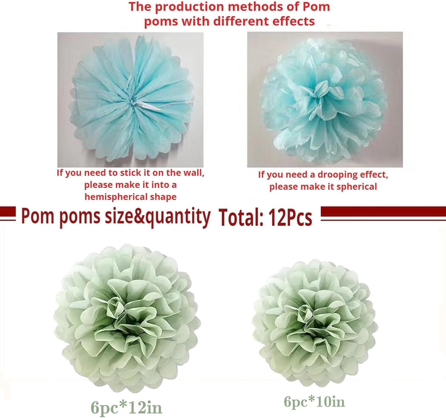 Dusty Sage Green Tissue Paper Pom Poms 12Pcs