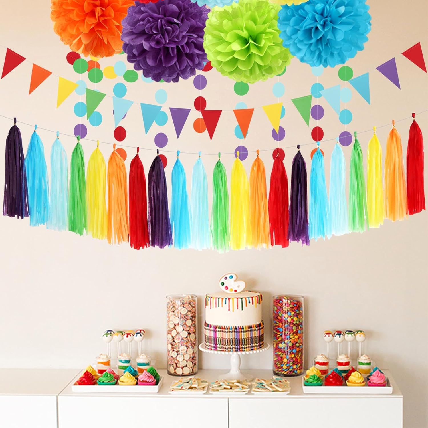 Rainbow Party Decorations Tissue Pom Poms 30pcs Set