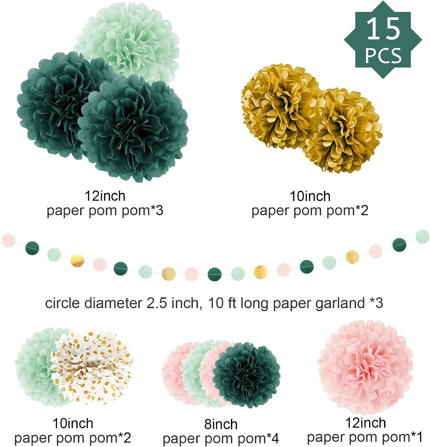 AOBKIAT 15PCS Tissue Paper Pom Poms Garland Decor Set