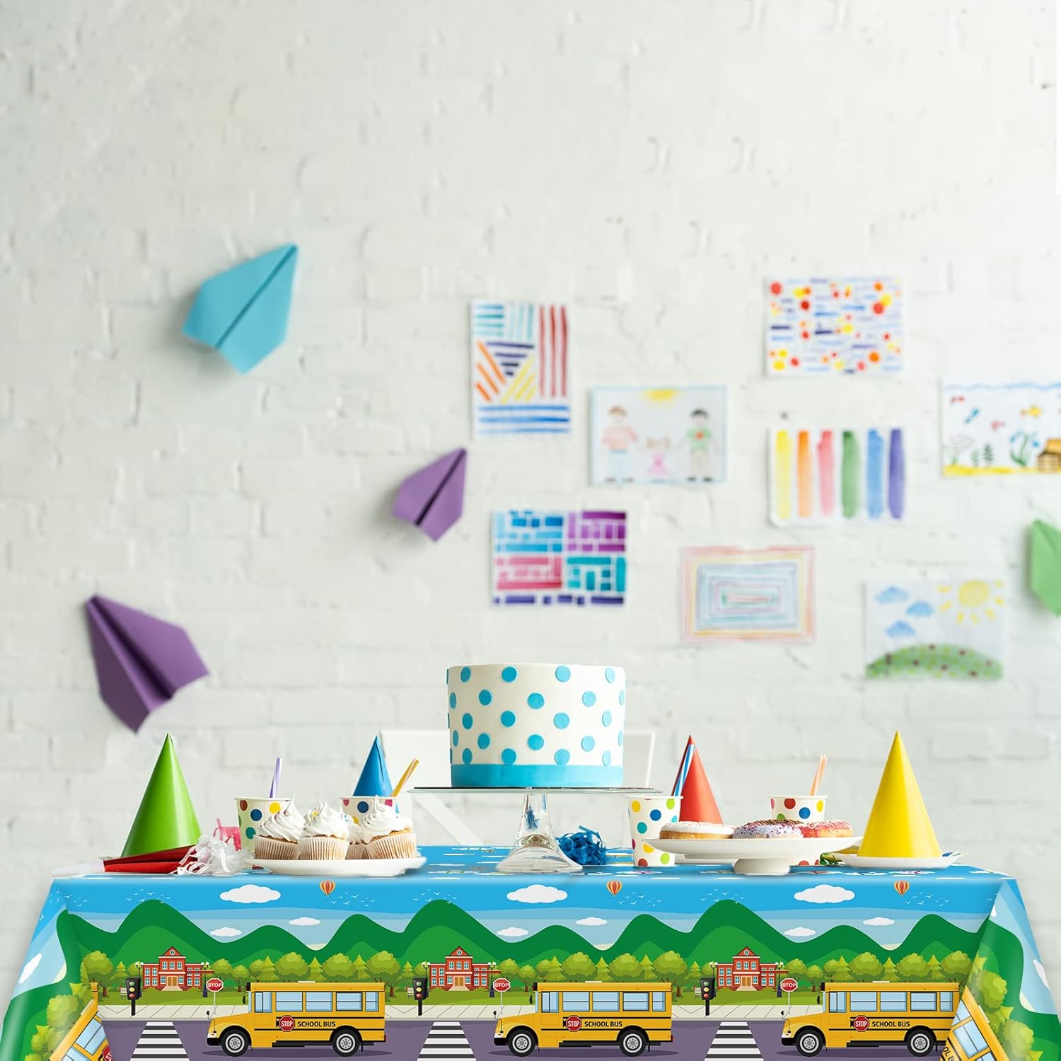 Gisgfim 3 Pcs School Bus Tablecloths Party Decor