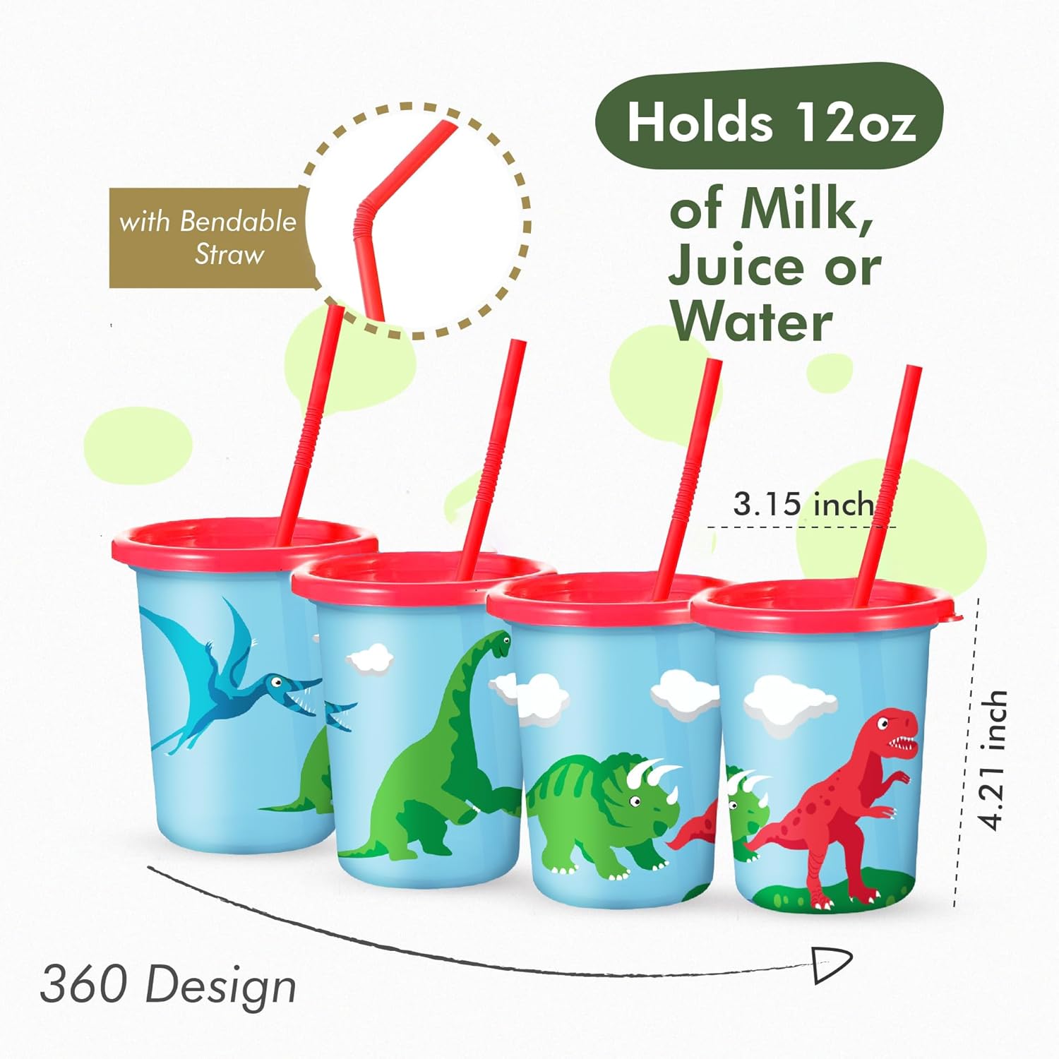 Dinosaur Cups for Kids with Straw and Lid Set of 12