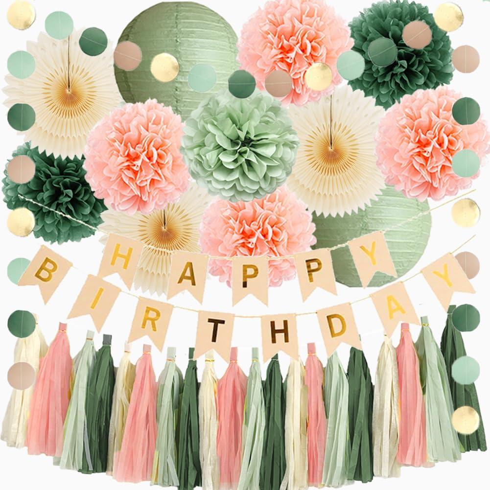 Sage Green Peach Birthday Decorations Set