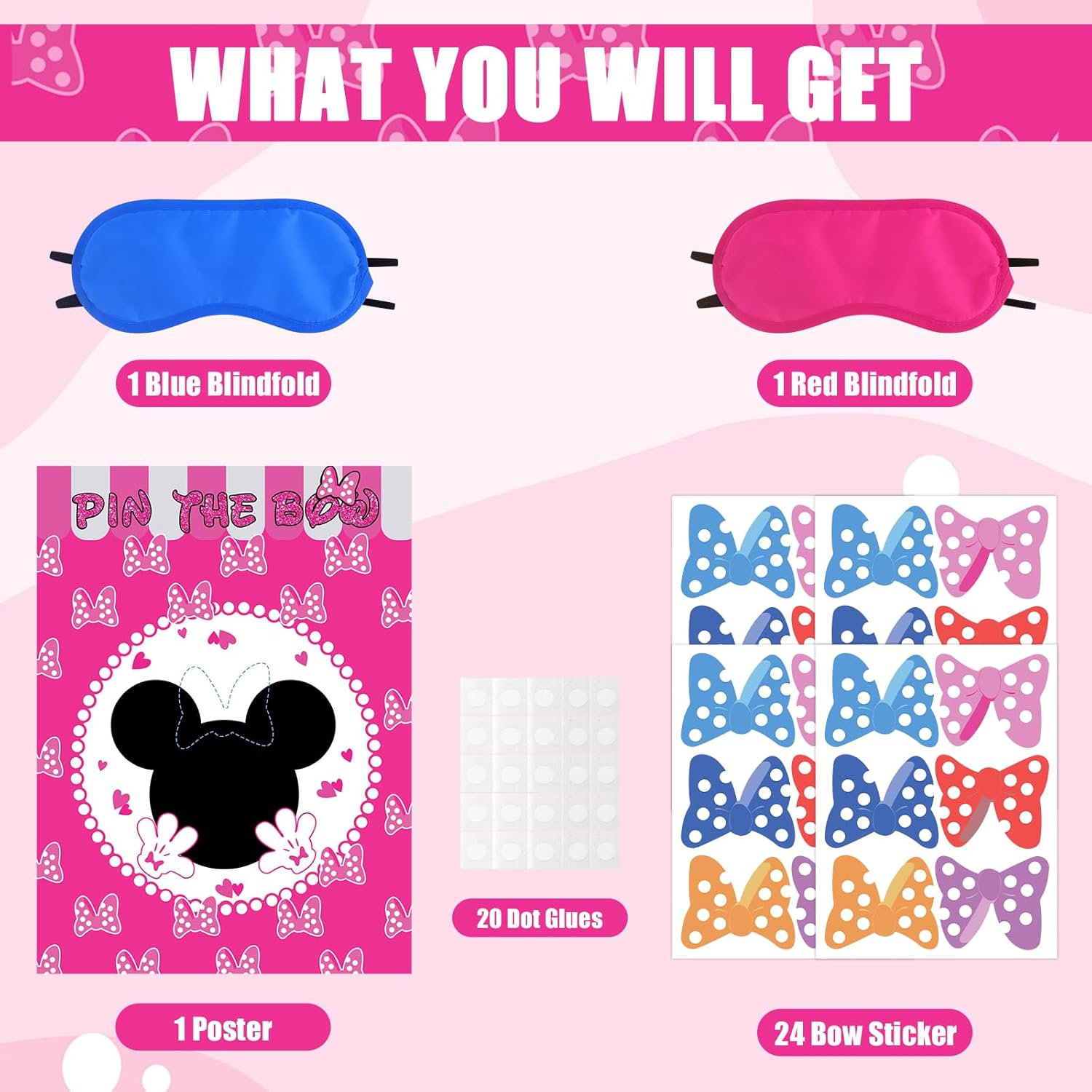 Pink Mouse Birthday Party Game Set with 24 Reusable Stickers