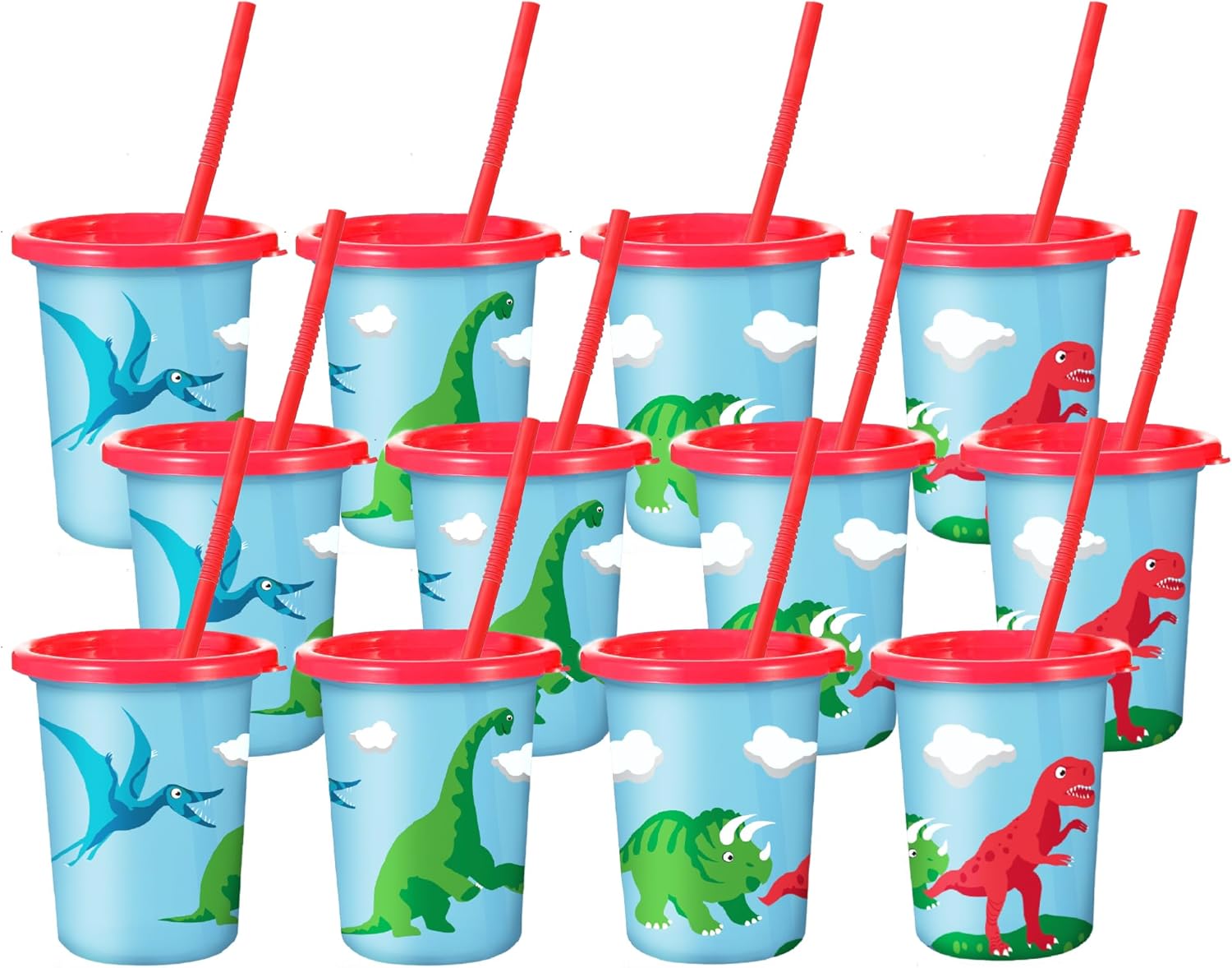 Dinosaur Cups for Kids with Straw and Lid Set of 12