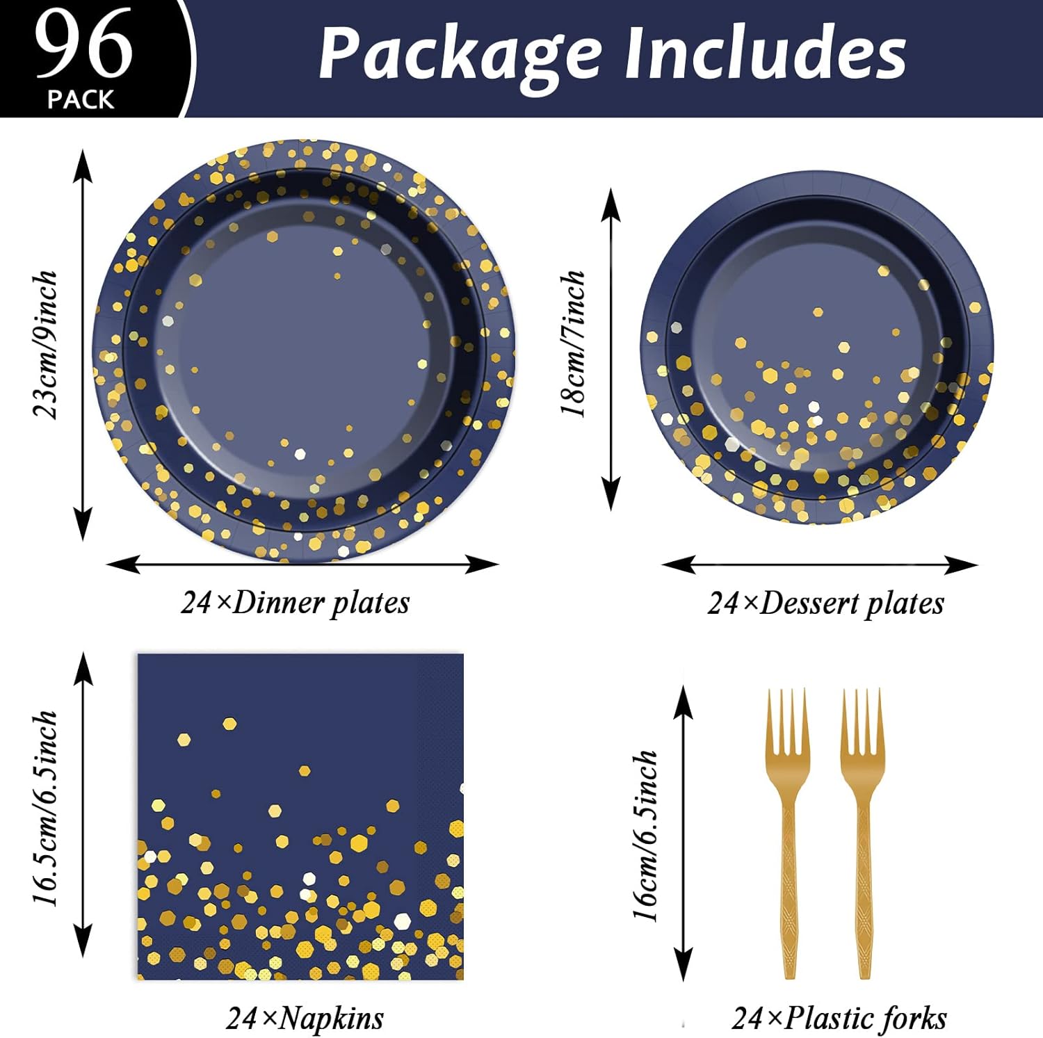 96 Pcs Blue Gold Dot Party Tableware Set